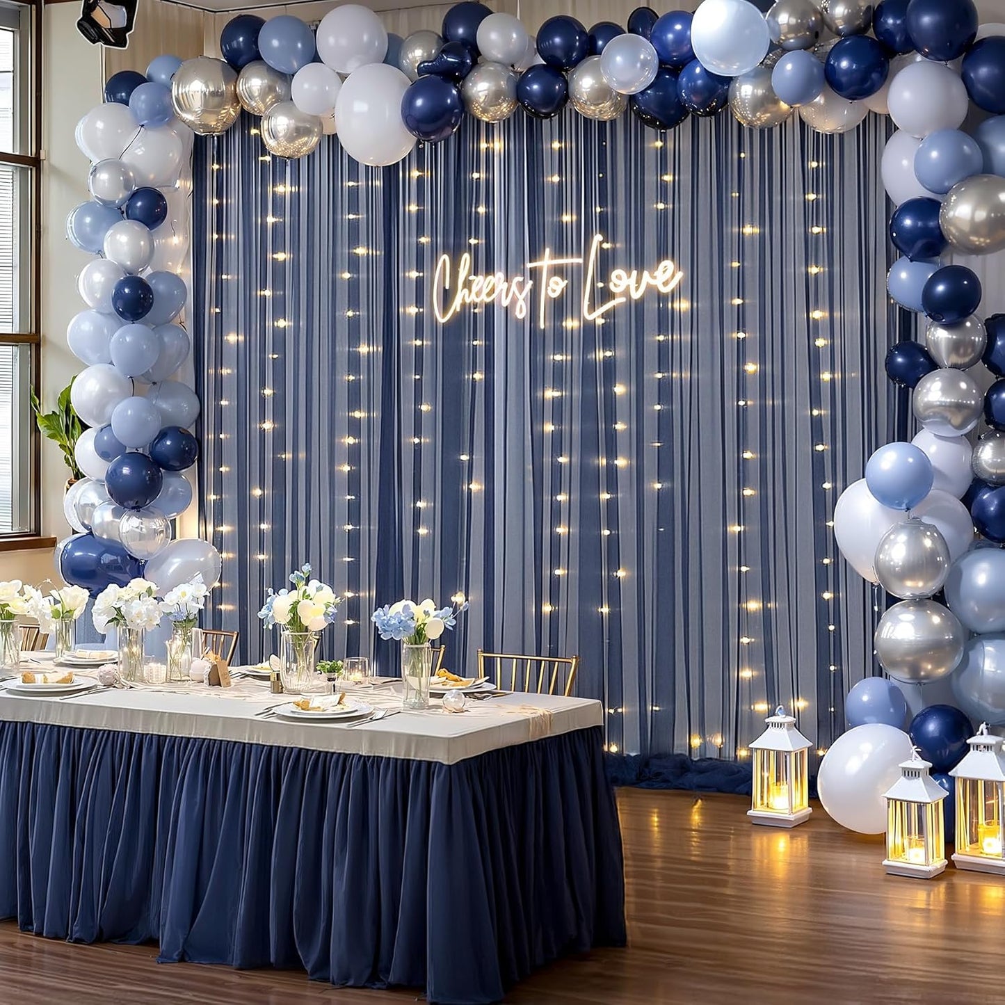 20×10ft Navy Blue Tulle Backdrop Curtain with Lights String for Parties, Sheer Photo Backdrop Curtains for Wedding Party Photography Background