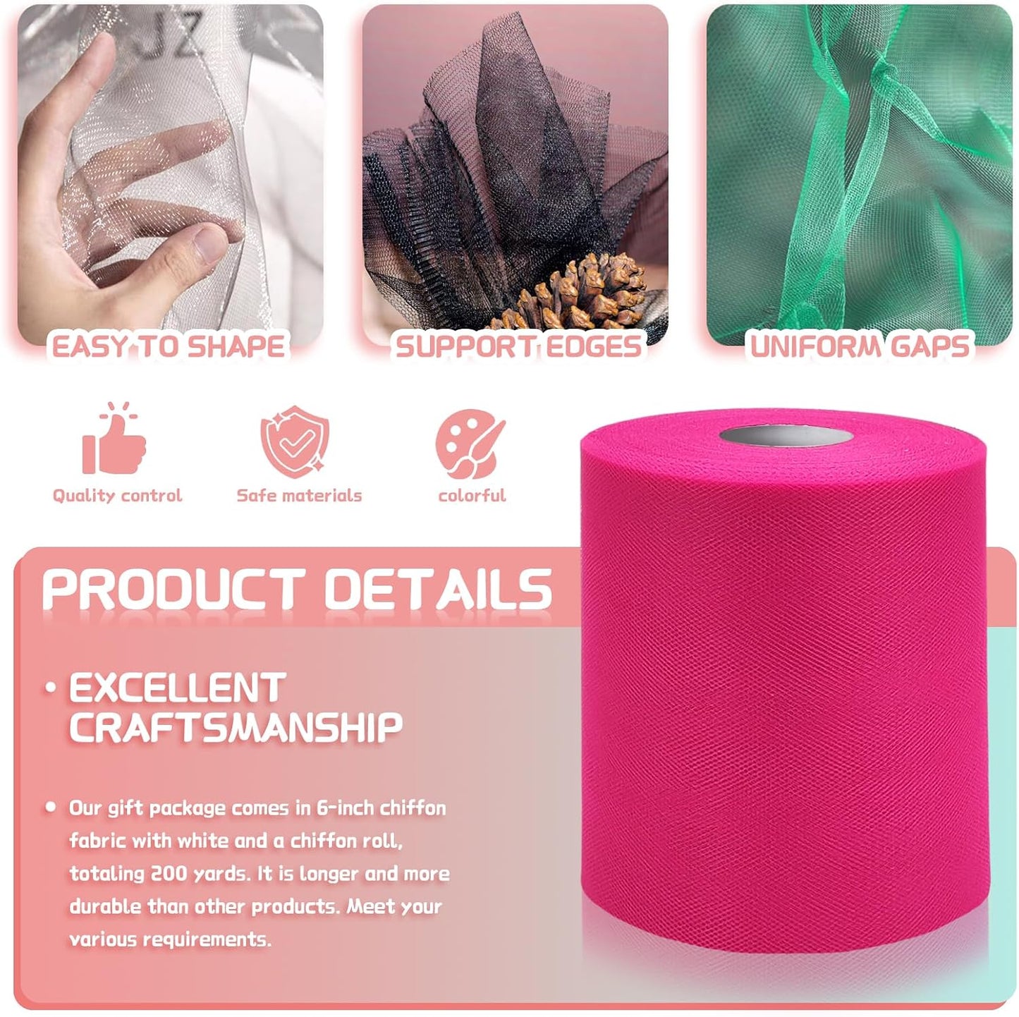 6" x 200 Yards Fuchsia Tulle Fabric Rolls, Hot Pink Spool Tulle Ribbon for DIY Tutu Skirt Wedding Decoration Baby Shower Birthday Party Backdrop Gift Wrapping Bow Craft Supplies