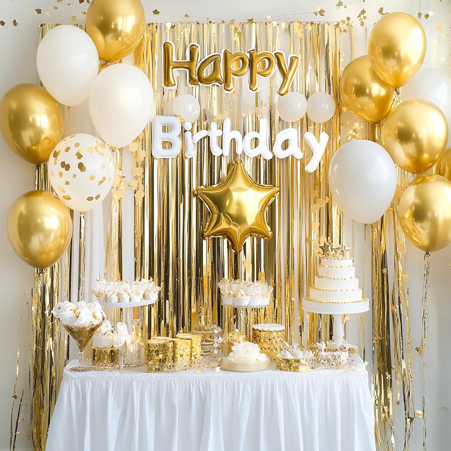 PartyWoo Gold Streamers Curtain Backdrop 3pcs Foil Fringe Curtain 8.2FT Gold Tinsel Fringe Backdrop Photo Booth for Bachelorette Baby Shower Graduation Wedding Birthday Anniversary Party Decorations