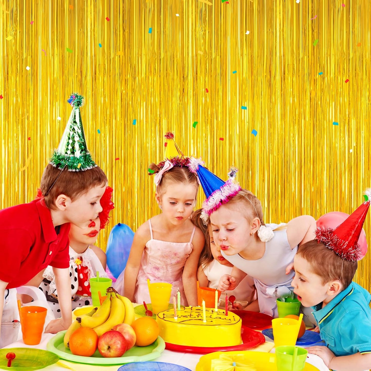 Gold Tinsel Backdrop Birthday Decorations, 2Pack Foil Curtain Backdrop Gold Streamers Dance Party Decorations Photo Booth Props for Bachelorette Decors Christmas Halloween New Years Eve Party Supplies