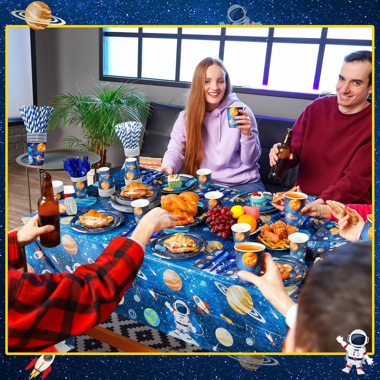 452 Pcs Space Birthday Party Decorations for 50, Solar System Paper Plates Napkins Cups Tablecloth Cutlery Straws Astronaut Tableware Set for Birthday Baby Shower Party Supplies