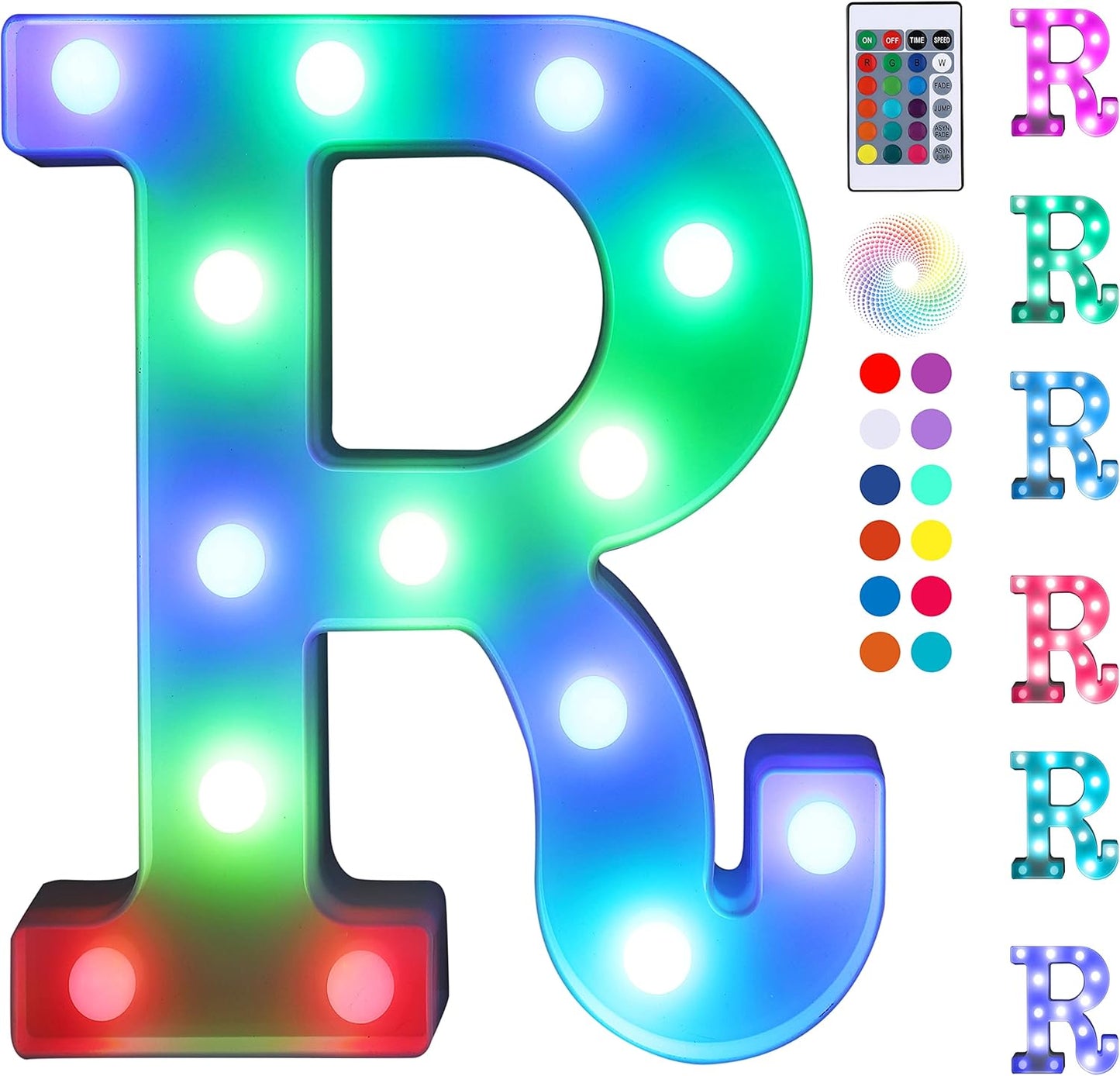 Foaky Colorful LED Letter Lights with Remote,Marquee Light Up Letters Sign for Night Light Wedding/Birthday Party Battery Powered Christmas Lamp Home Bar Decoration(R)