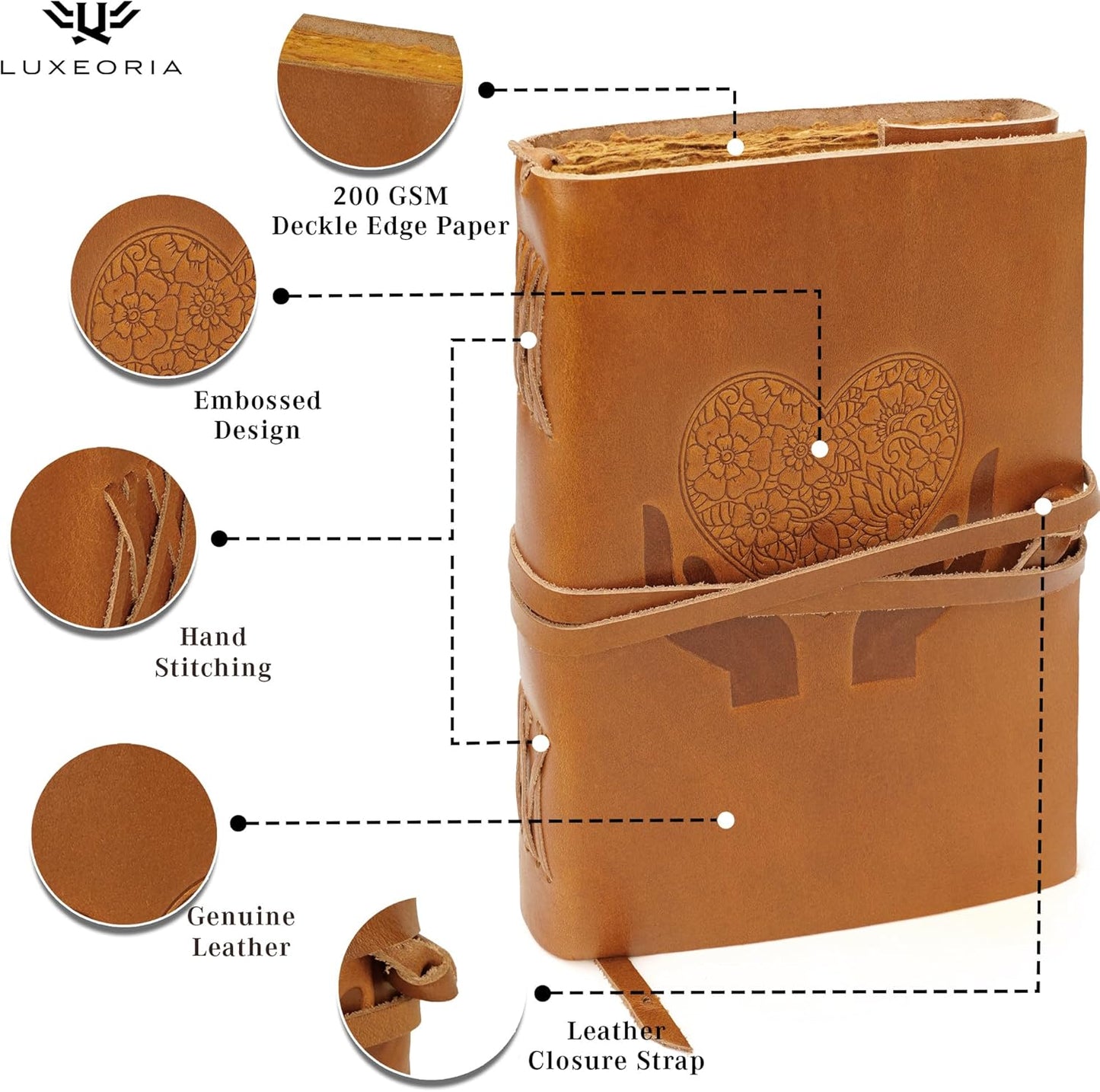 LUXEORIA Heart Journal for Women and Men, Handcrafted Leather Journal for Writing Womens, Leather Sketchbook, Travel Diary with Unlined Deckle Paper, Camel Brown 7x10