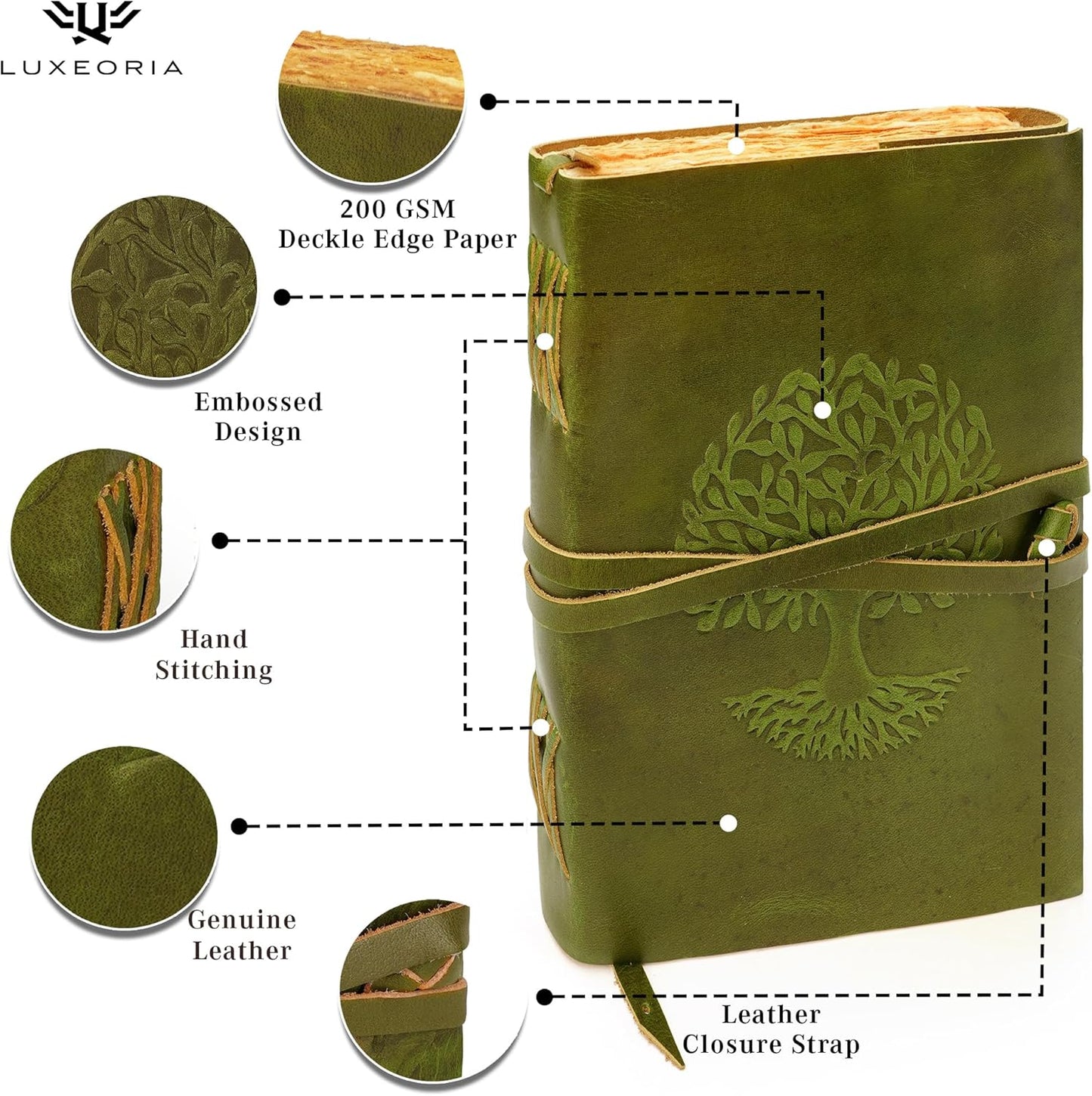 LUXEORIA Tree Of Life Leather Journal for Women and Men, Handcrafted Leather Journal for Writing Womens, Sketchbook, Travel Diary with Unlined Deckle Paper, Mint Green 7x10