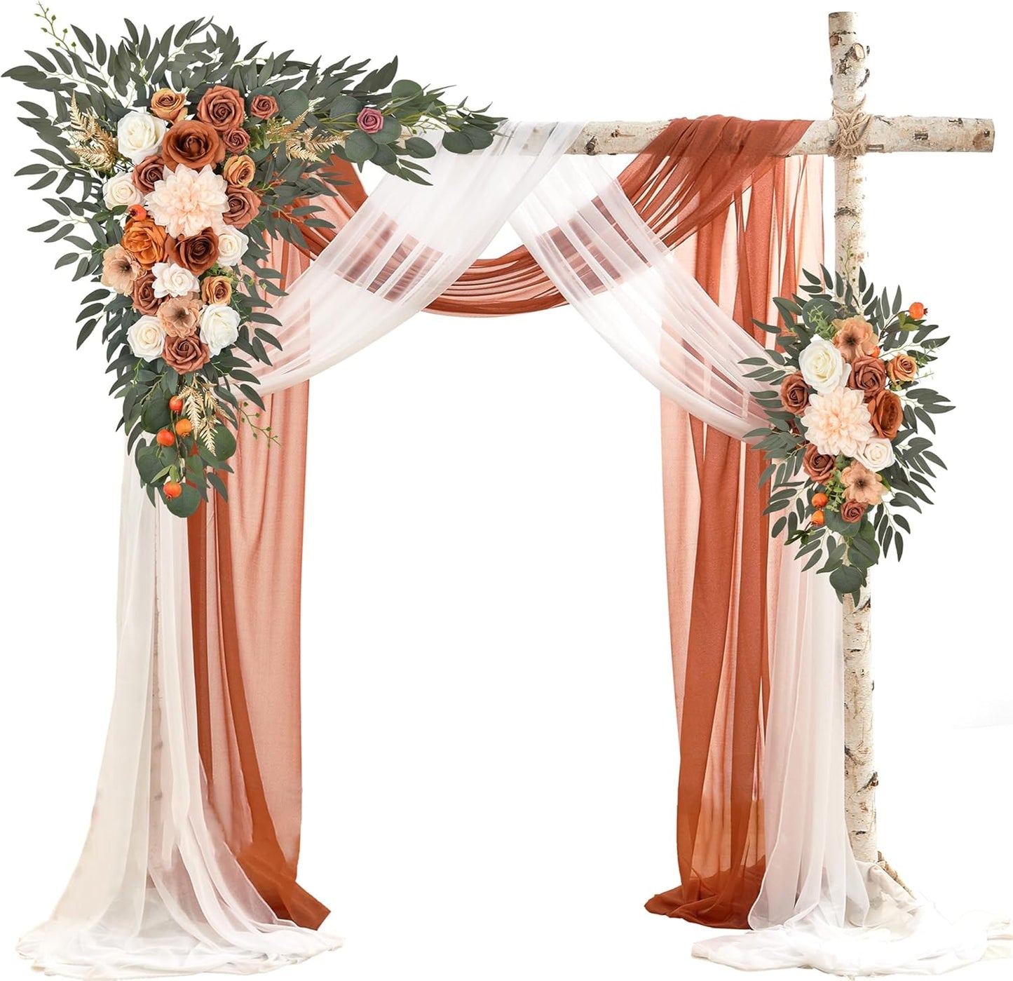 Wedding Arch Flowers with Drapes Kit (Pack of 4) - 2pcs Artificial Terracotta Deluxe Swag with 2pcs Sheer Drapes for Wedding Ceremony Arbor Reception Backdrop Rose Floral Decoration