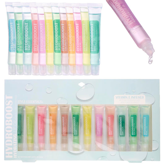 EXPRESSIONS 12pc Lip Oil Set - Flavored Lip Oils Value Pack, Hydrating Lip Oils w/Squeeze Tube Application, Moisturizing Lip Oil Collection for Everyday Lip Care and Lip Repair (HYDROBOOST)