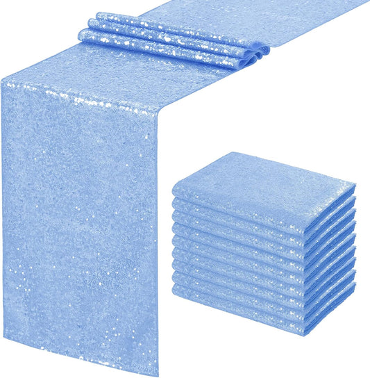 SoarDream Baby Blue Table Runner 10 Pieces 12x72 Inches Sequin Fabric Glitter Table Runner for Party Holiday Birthday Wedding Baby Shower Supplies Decorations