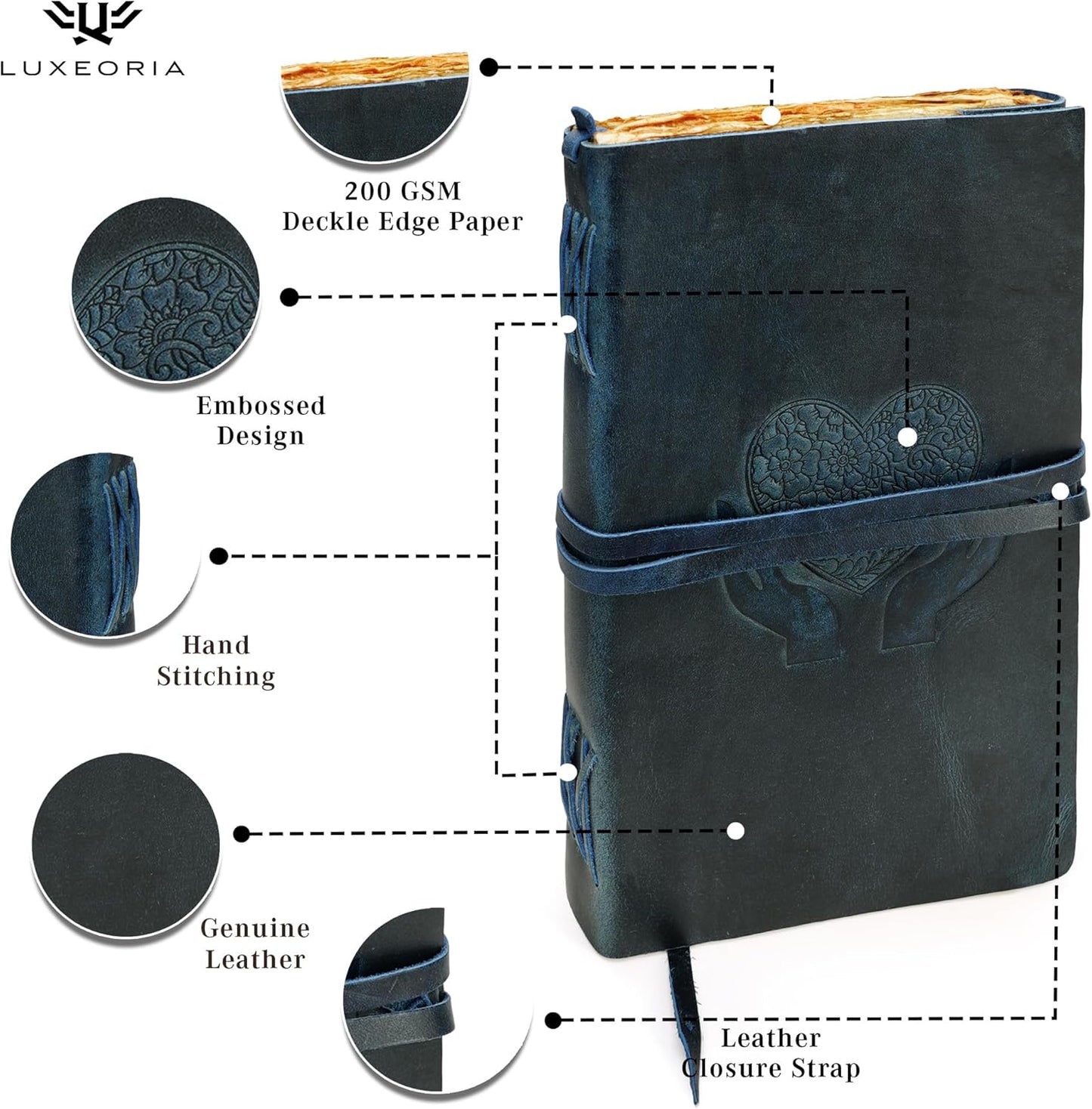 LUXEORIA Heart Journal for Women and Men, Handcrafted Leather Journal for Writing Womens, Sketchbook, Travel Diary with Unlined Deckle Paper, Dark Blue 8x13