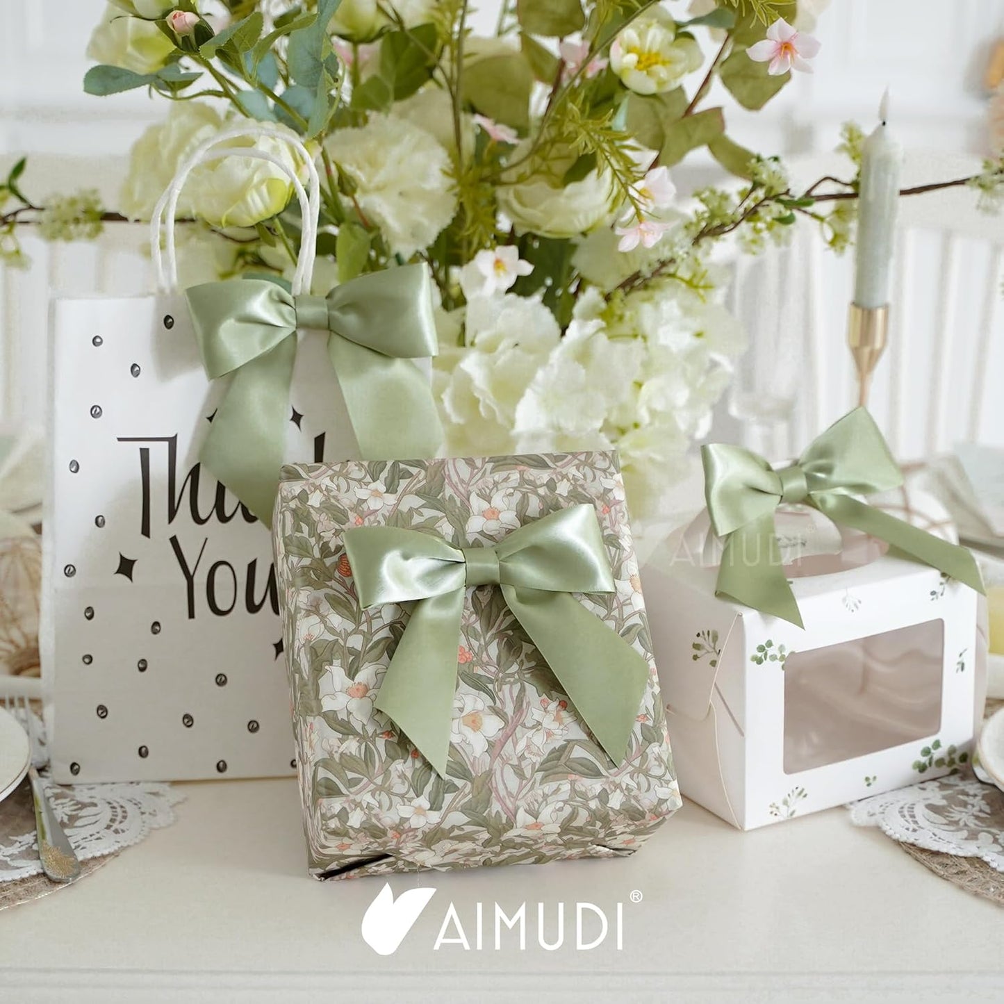 AIMUDI Sage Green Satin Bows 5.5" Bows for Gift Wrapping Satin Twist Tie Bows Premade Ribbon Bows for Treat Bags Invitations Baskets Wreaths Crafts Wedding Birthday Baby Shower Decorations, 24 PCs