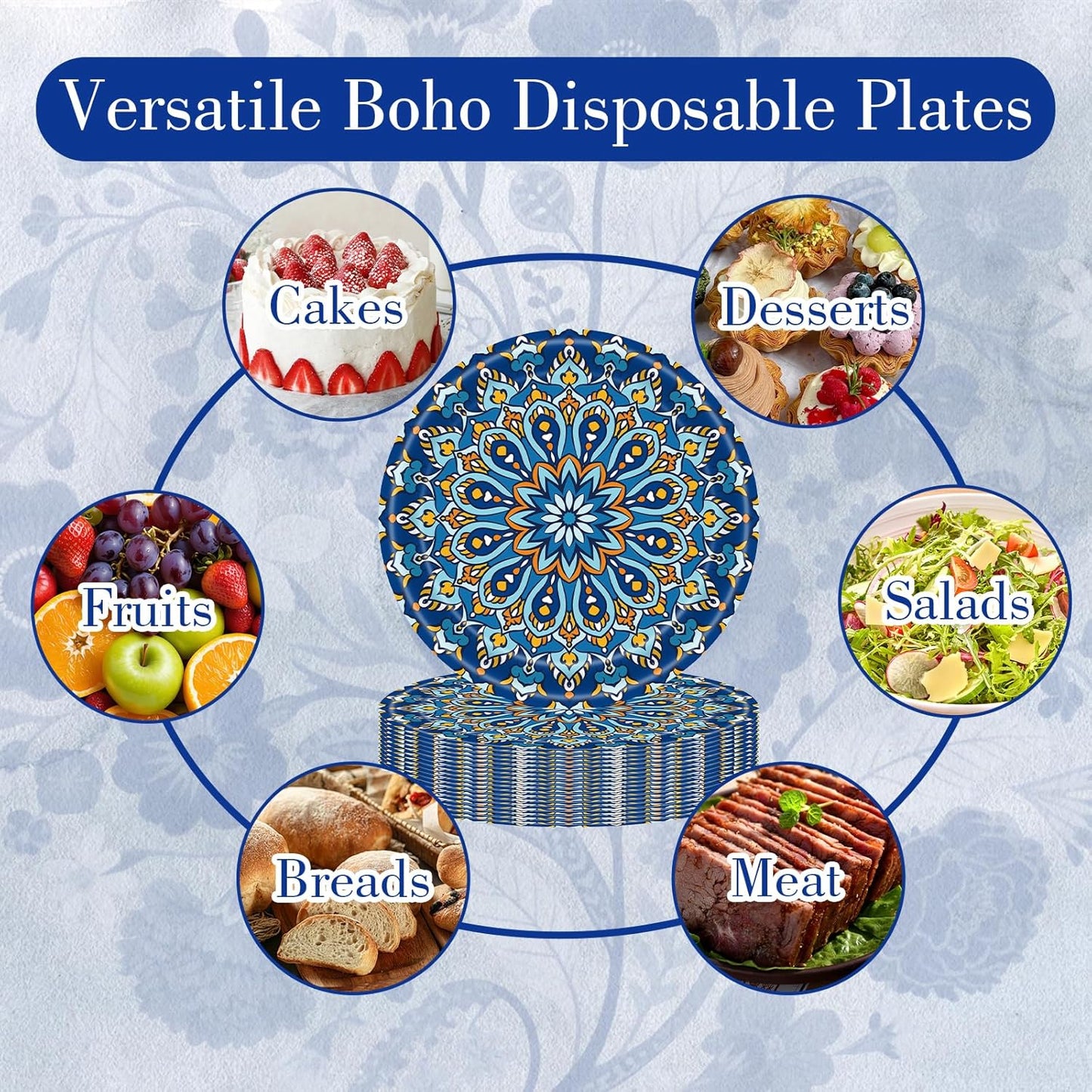 100 Count Boho Paper Plates (50×7"+ 50×9") – Disposable Plates for Party, Retro Bohemian Style Dessert Dinner Plate Set for Daily Use, Holiday, Wedding, Events