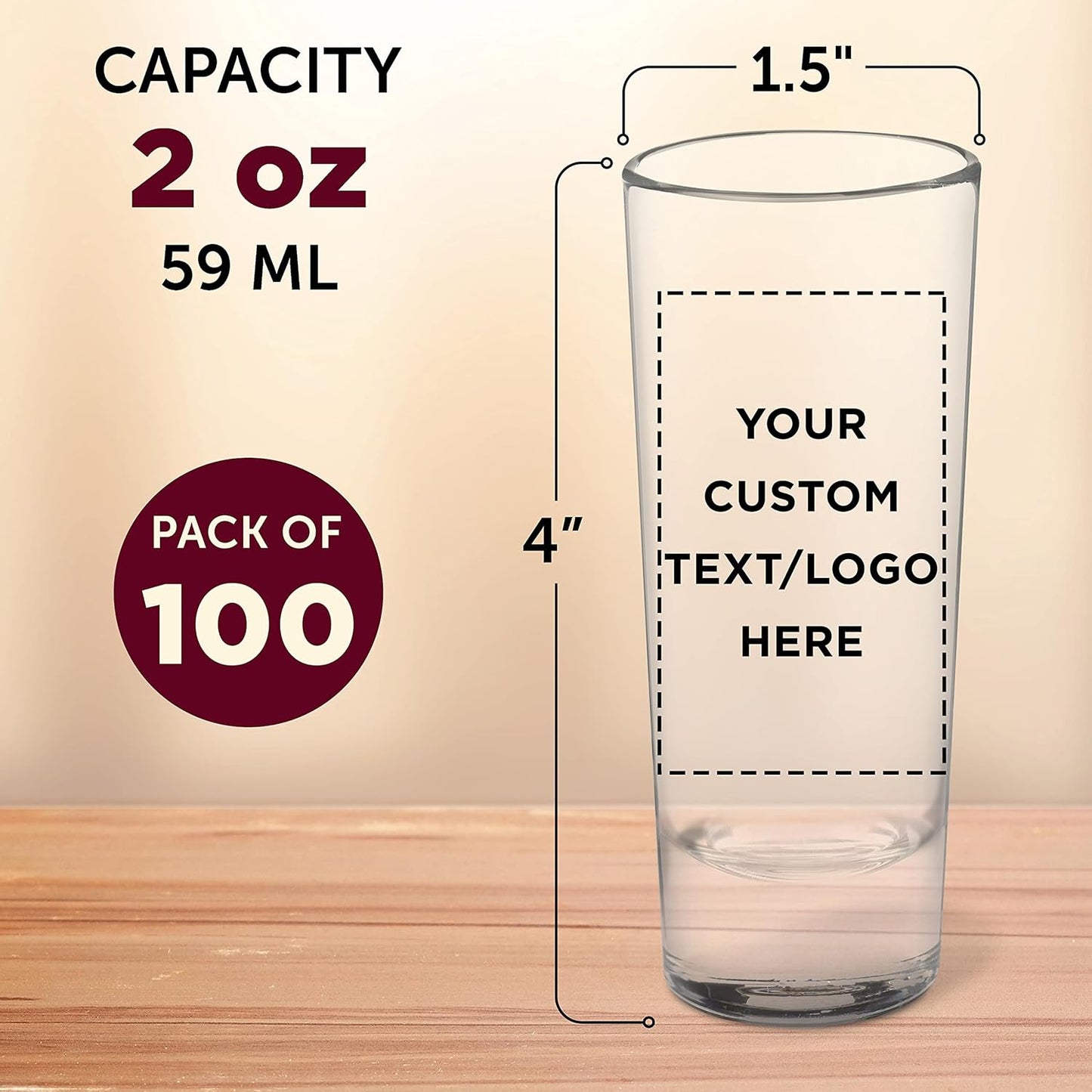 Custom Cordial Shooter Shot Glasses 2 oz. Set of 100, Personalized Bulk Pack - Great for Birthdays, Parties, Indoor & Outdoor Events - Clear