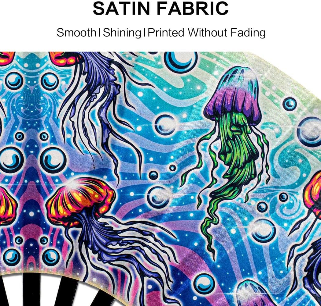 13" Large Rave Fan Bamboo, Folding Clack Hand Fans Foldable for Men Women, Boots on the Ground Poping Fan for EDM Festival Line Dance Decoration, (Jellyfish, Large 13")