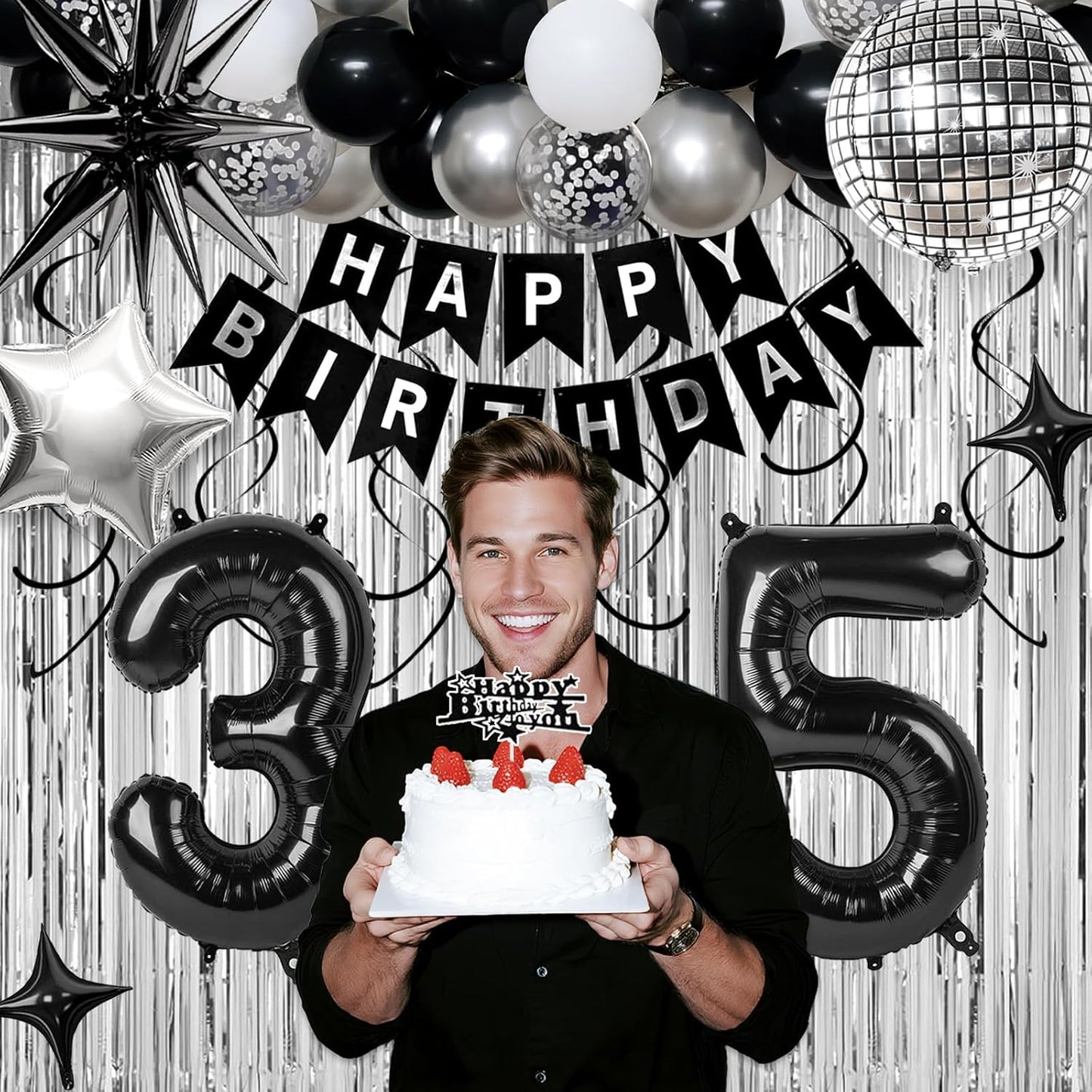 35th Birthday Decorations for Men Women, Black Silver Happy Birthday Party Decorations， 35 Year Old Party Supplies with Number 35 Balloons, Banner, Fringe Curtains Kit