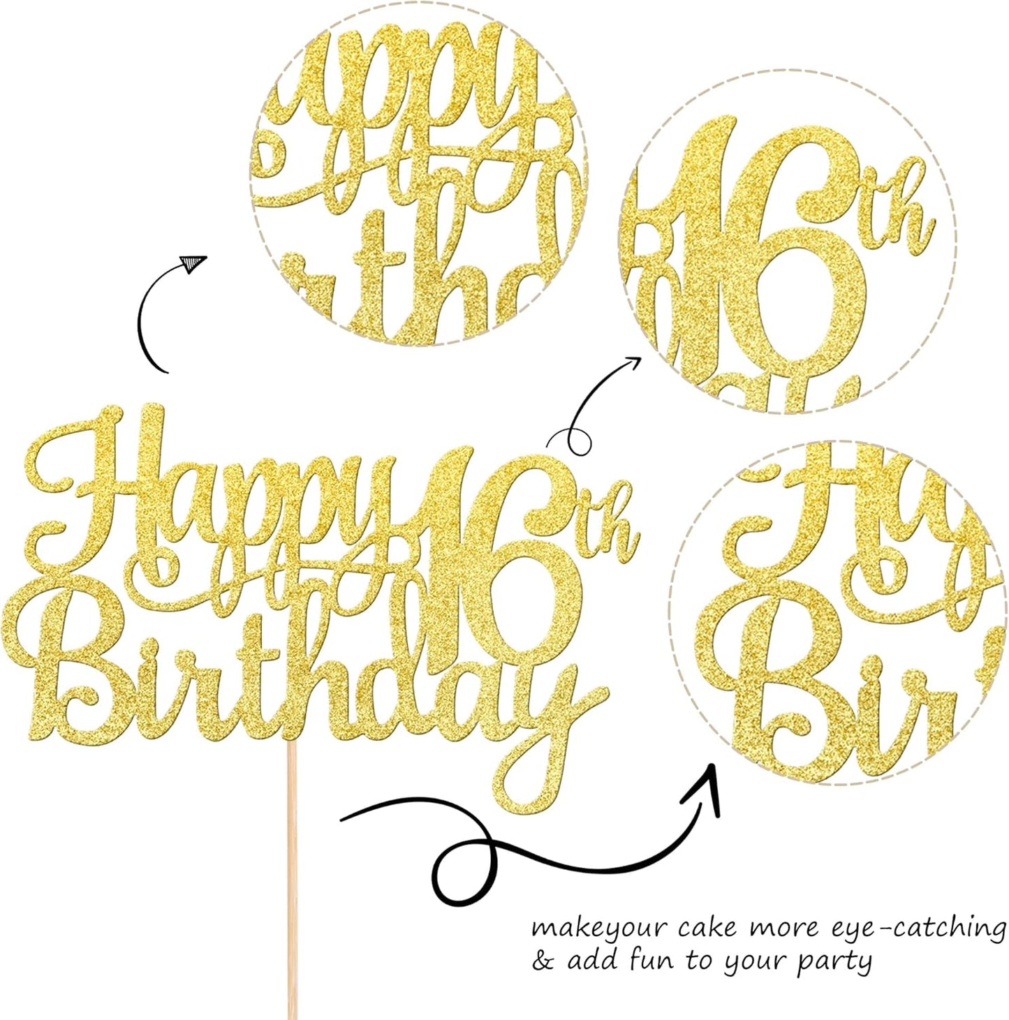 1 PCS Happy 16th Birthday Cake Topper Gold Glitter Cheers to 16 Years Birthday Cake Pick Sweet 16 Fabulous Cake Decoration for Happy 16th Birthday Theme Party Decorations Supplies