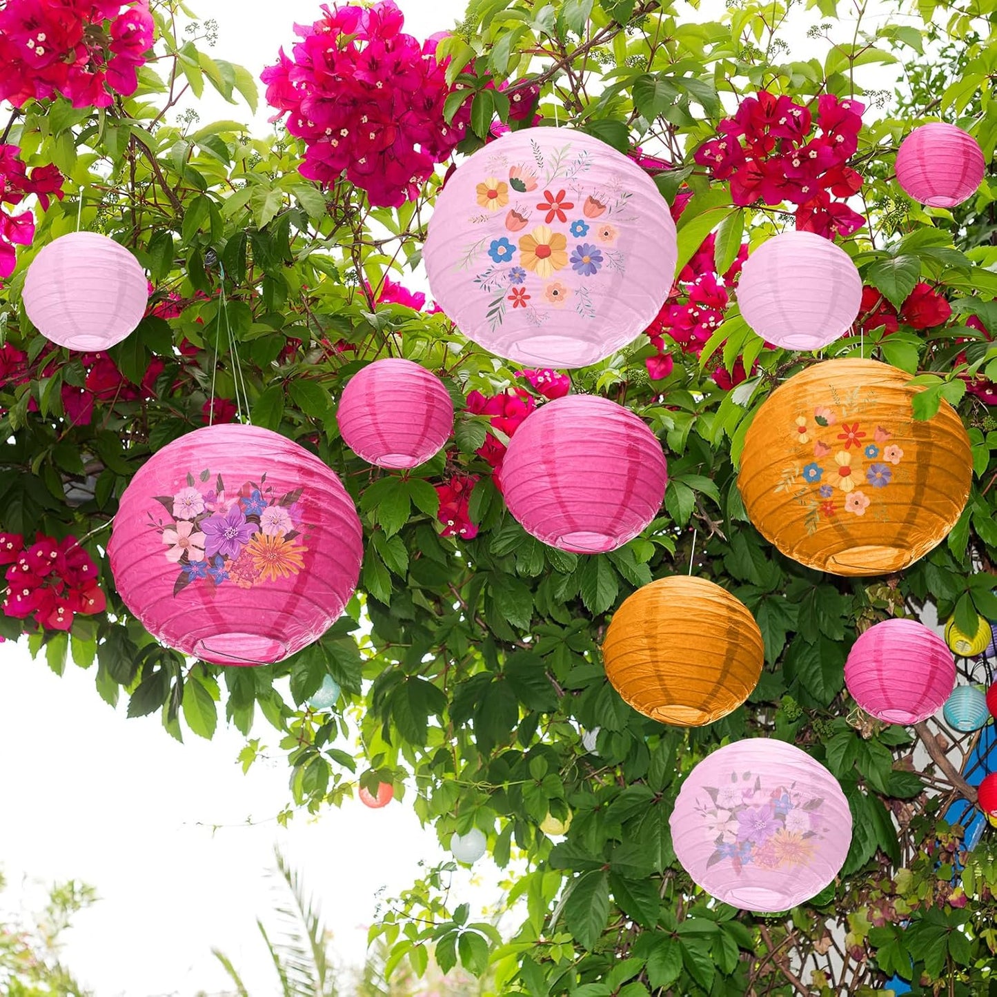 Riakrum 16 Pcs Pink and Orange Paper Lanterns Birthday Party Decorations Mixed Size 6'' 8'' 10'' 12'' Colorful Chinese Hanging Paper Lanterns for Wedding Home Decorations Supplies