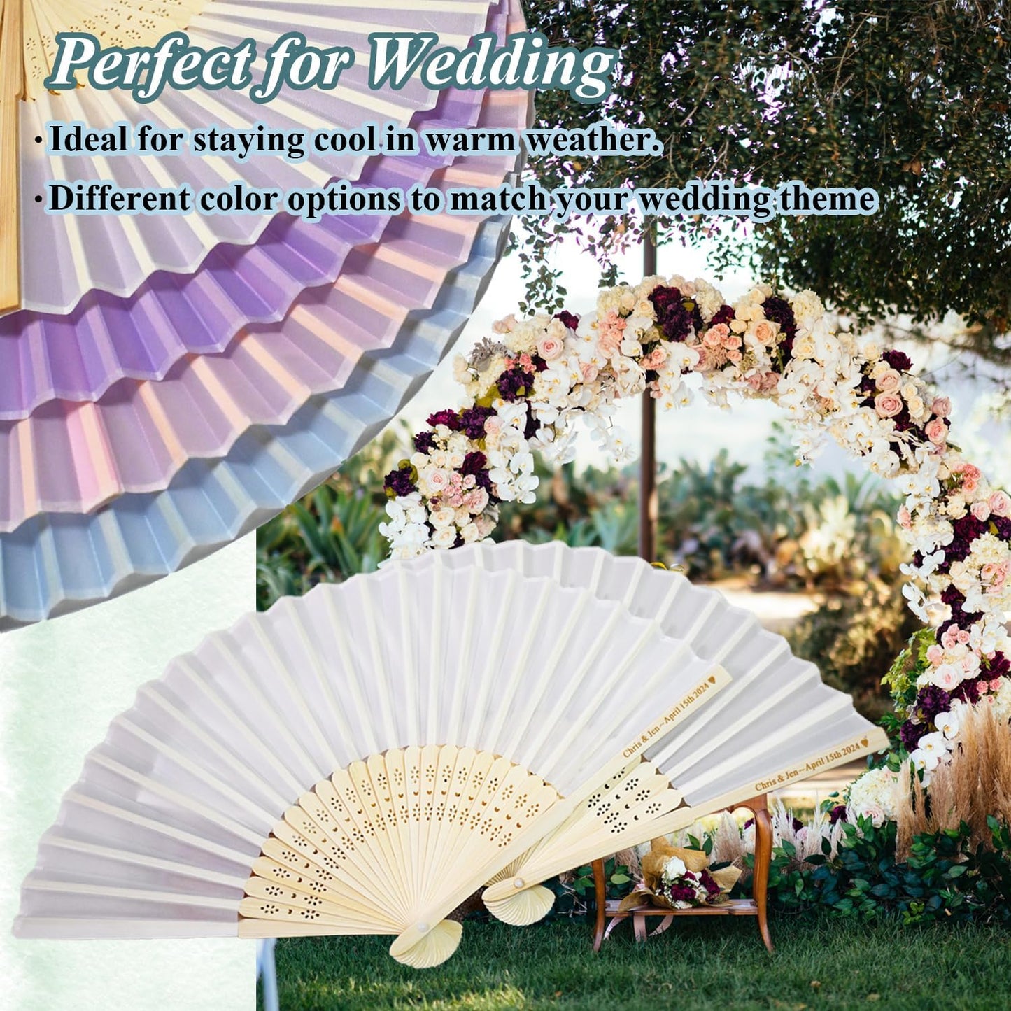 Personalized Folding Hand Fans Engraved Silk Fans, Summer Wedding Fans, Custom Silk-Bamboo Fans Wedding Party Favor Bridal Shower Gifts (30 Pieces), White