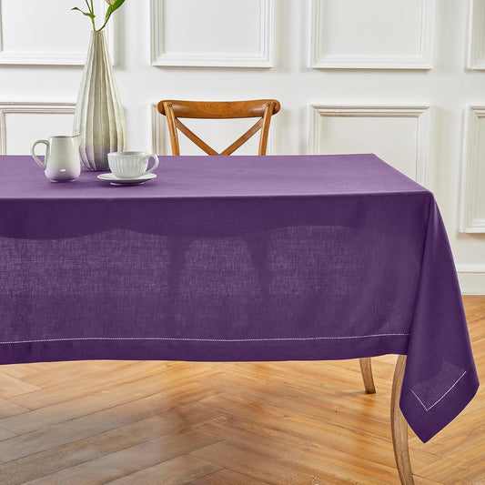 Solino Home Linen Tablecloth for Rectangle Tables 60 x 132 Inch - Classic Hemstitch 100% Pure Linen Purple Table Cloth - Machine Washable Cloth Tablecloth for Fall, Autumn, Halloween, Thanksgiving