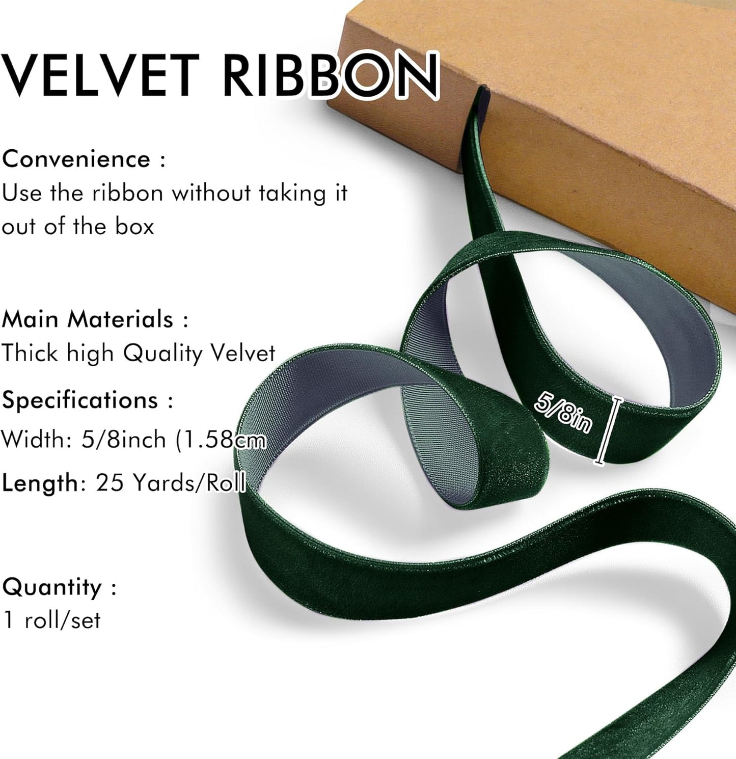 Dark Green Velvet Ribbon 5/8'' 25 Yards for Christmas Tree, Gift Wrapping, Flower Bouquet, Wreath Decorations, Bow Making