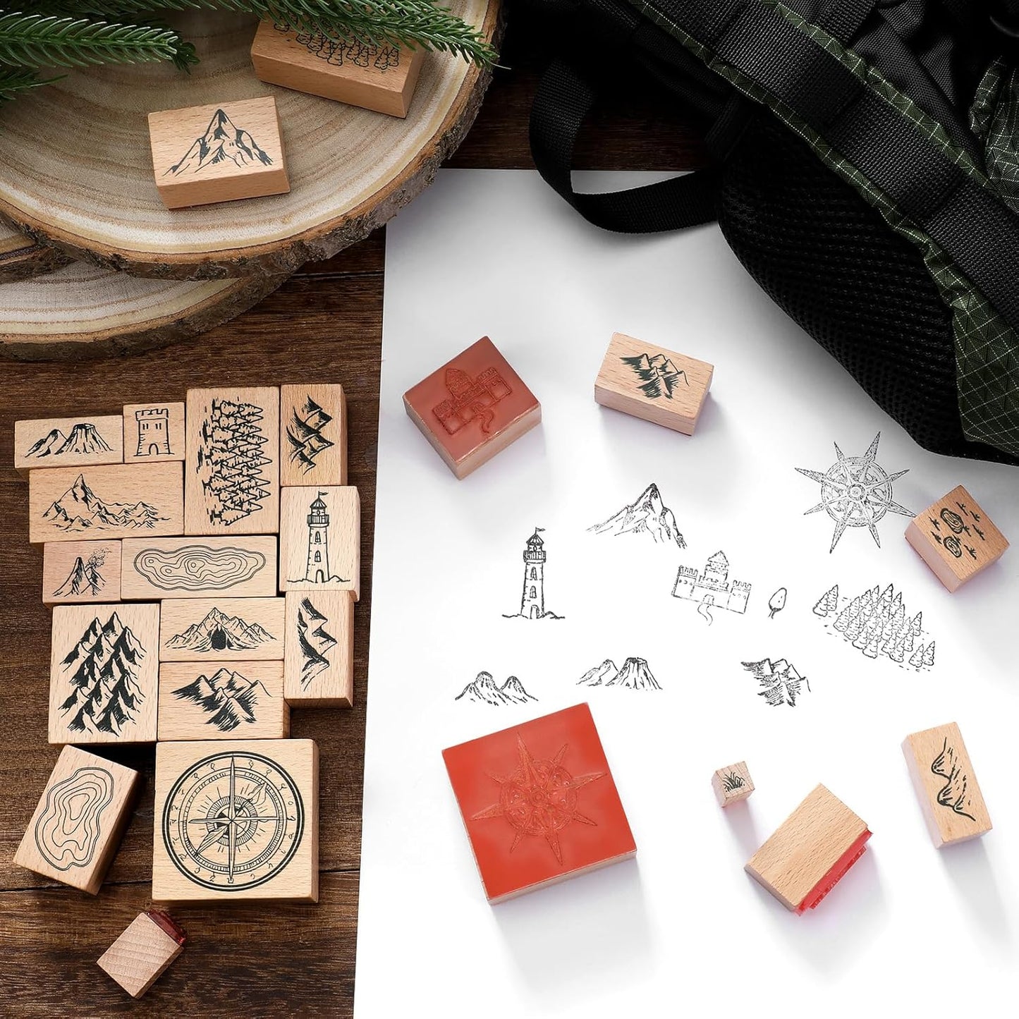 Marspark 24 Pcs Compass Mountains Stamp Combo Map Making Rubber Stamp Kit Compass Outdoor Scenery Stamps for RPG Adventures, Storytelling, and Creative Projects