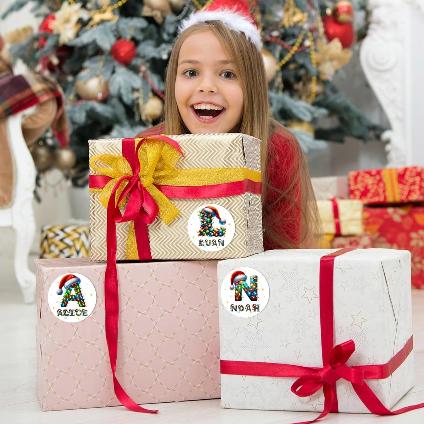 Personalized Christmas Stickers - Custom Name Waterproof Christmas Gift Tags for Gift Box Xmas Holiday Decorations Party Favors - 30 Stickers (Santa Hat Initial)