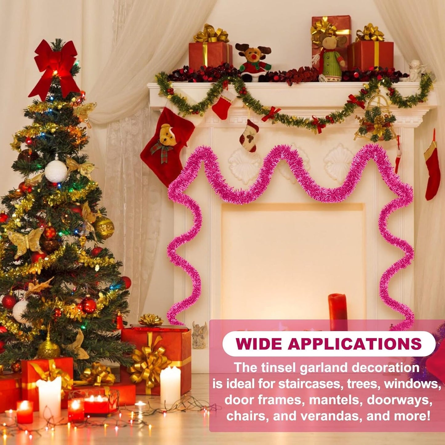 25 Feet Pink Christmas Tinsel Garland, Metallic Foil Twist Banner Wall Hanging Tinsel Streamers Backdrop for Parade Floats, Christmas, Mother's Day, Birthday Party Decorations(4in x 25ft)