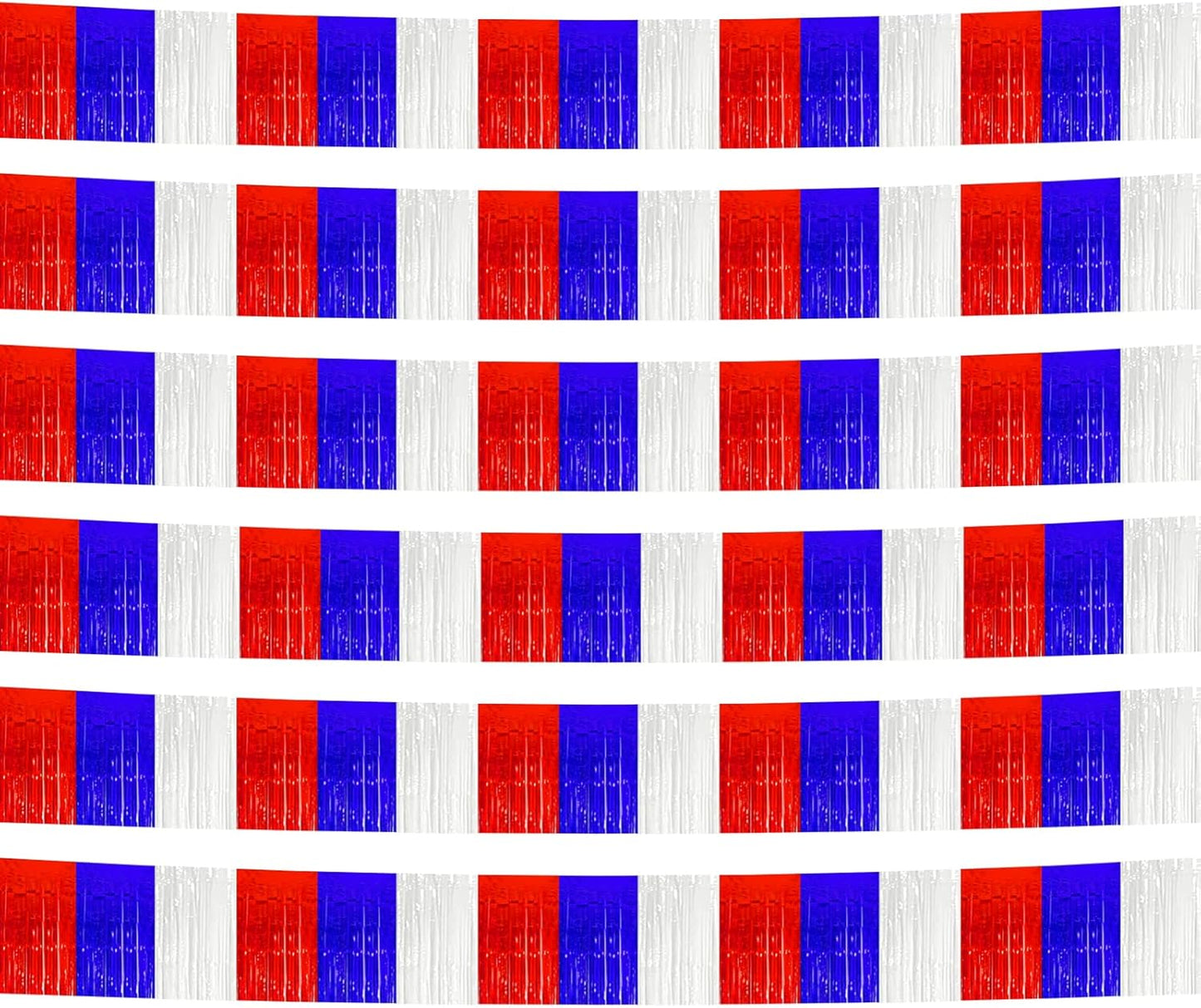 6 Pack 10 Feet White Blue Red Foil Fringe Garland Metallic Tinsel Streamers Banner Wall Hanging Backdrop Banner for Parade Floats, Thanksgiving, Christmas, Birthday, Halloween Party Decorations