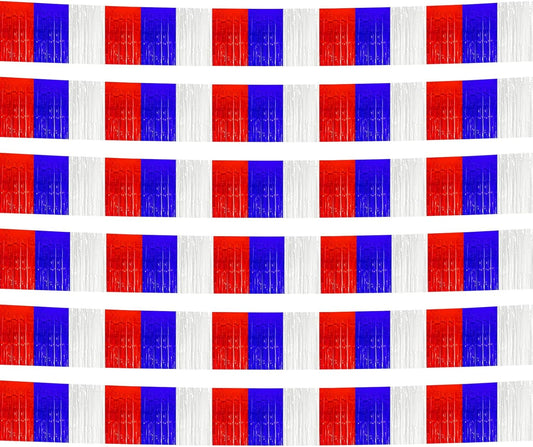 6 Pack 10 Feet White Blue Red Foil Fringe Garland Metallic Tinsel Streamers Banner Wall Hanging Backdrop Banner for Parade Floats, Thanksgiving, Christmas, Birthday, Halloween Party Decorations