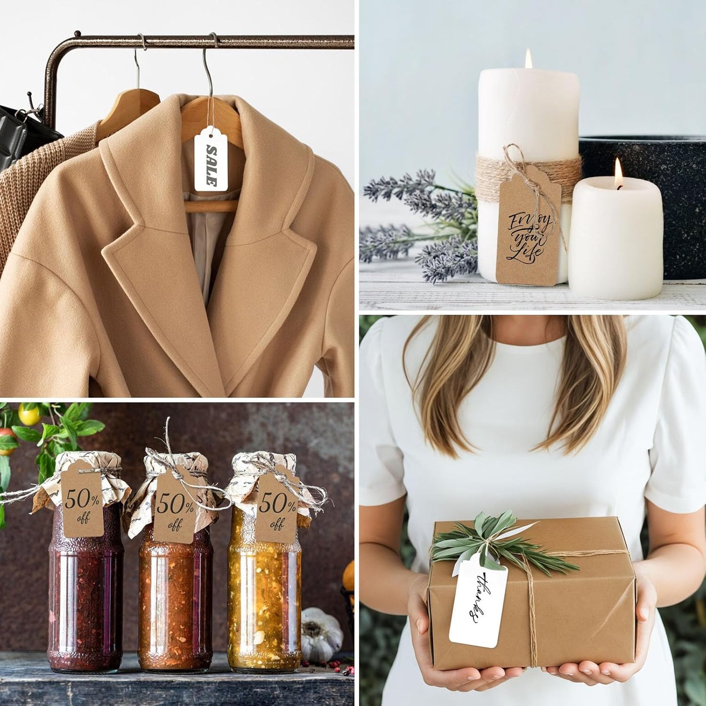 SallyFashion 200pcs Gift Tags with String Attached, 2x4 inch Kraft Paper Hang Tags for Clothes DIY Crafts Wedding Holiday (Brown White)