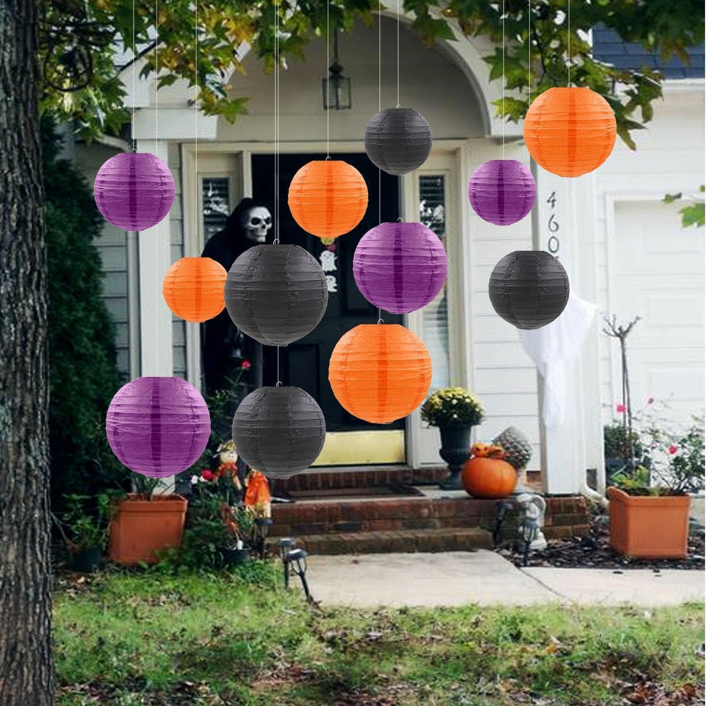 Orange Purple Black Paper Lanterns Decorative 12pcs Halloween Hanging Decorations for Graduation Thanksgiving Birthday Party Decorations