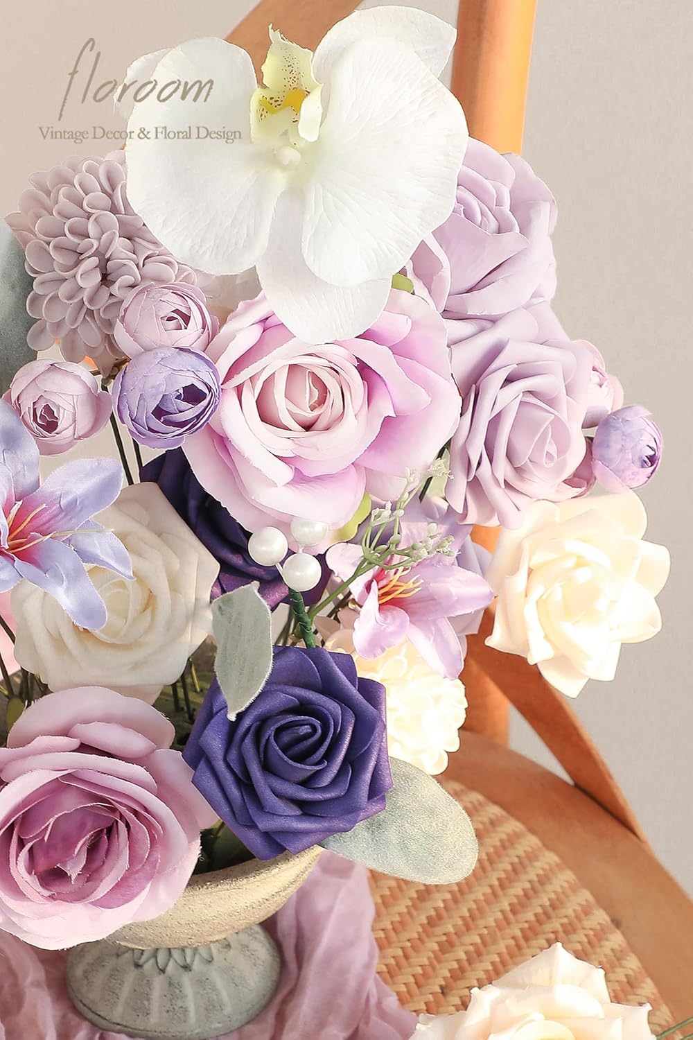 Floroom Lilac Lavender Purple Cream Artificial Flowers Fake Roses Dahlias and Greenery Combo Box Set for DIY Wedding Bouquets Bridal Shower Centerpieces Floral Arrangements Party Tables Decorations