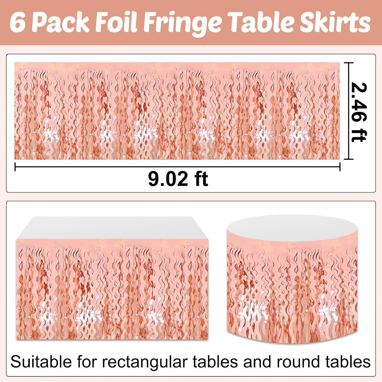 6 Pack 29x108 Inch Rose Gold Wave Foil Fringe Table Skirts Metallic Banner for Tinsel Streamer Garland Backdrop for Parade Floats Wedding, Mother's Day, Birthday Mardi Gras Party Decorations