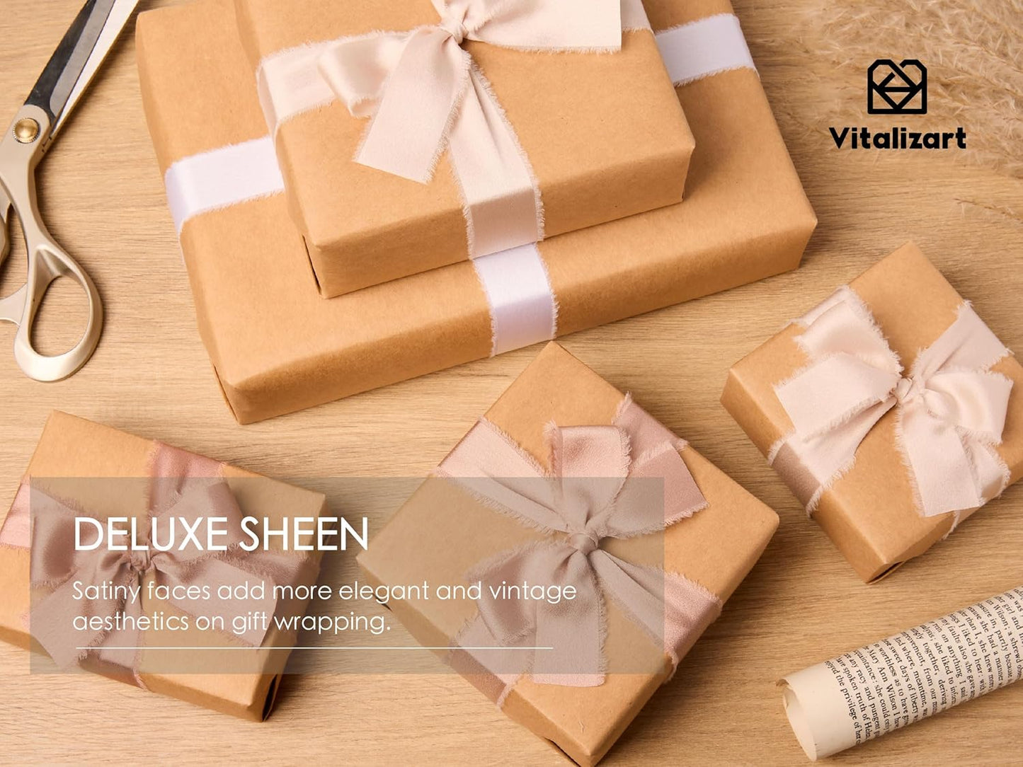 Vitalizart Silk Like Satin Ribbon 1 inch x 25 Yard Nude & White Handmade Frayed Ribbons for Gift Wrapping Baby Shower Wedding Bridal Bouquets Holiday Decor