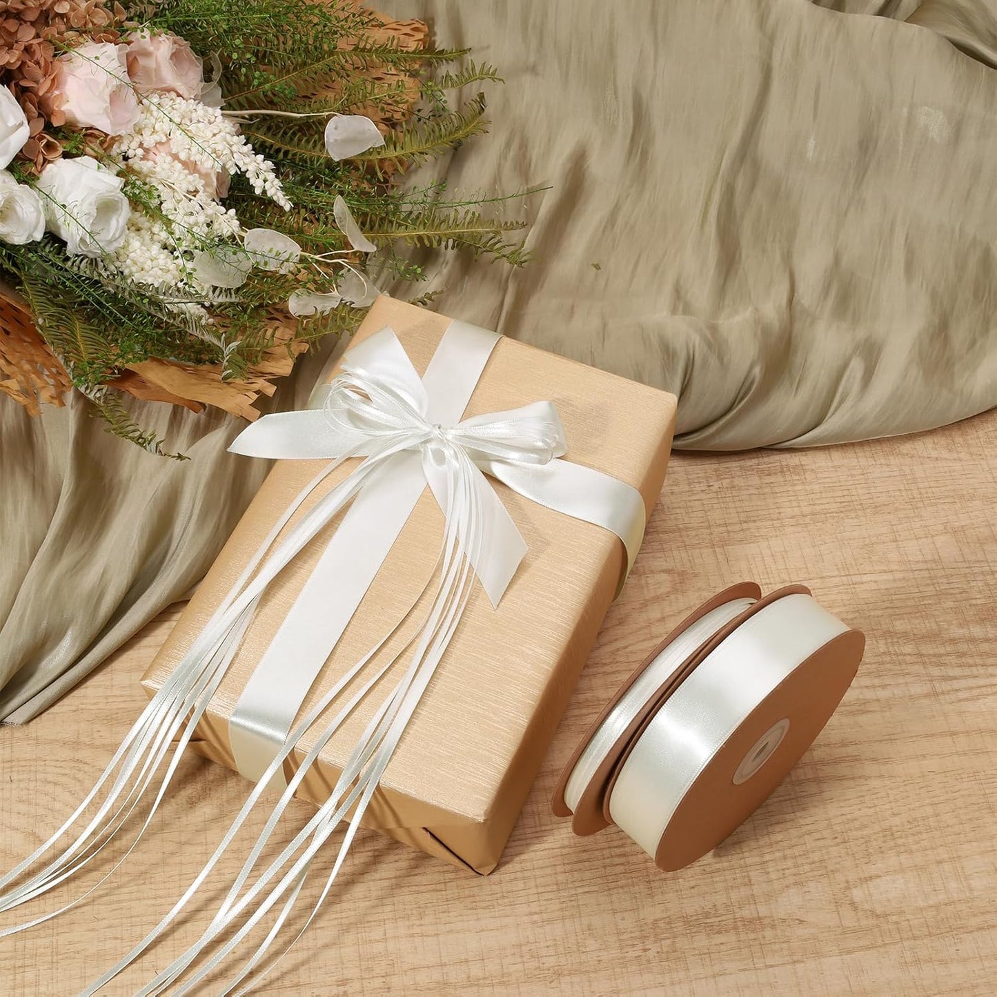 LaRibbons White Satin Ribbon 1 Inch 50 Yards Luxury Double Faced Silk Ribbon for Flower Bouquet Crafts Gift Wrapping Wedding Christmas Decoration