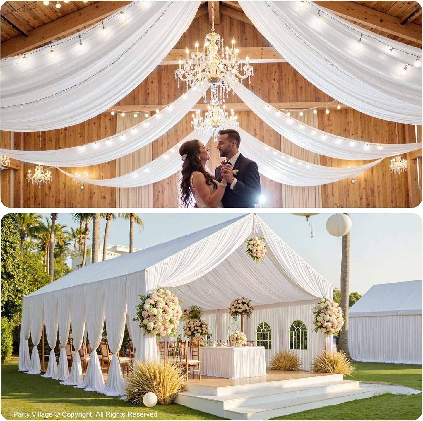 PartyVillage 8 Panels 5ftx30ft White Ceiling Drapes for Wedding Parties – 30 FT Extra Long Thick Polyester Wrinkle-Free Drapery Tent Decor Decorations for Birthday Party Ceremony Stage Swag