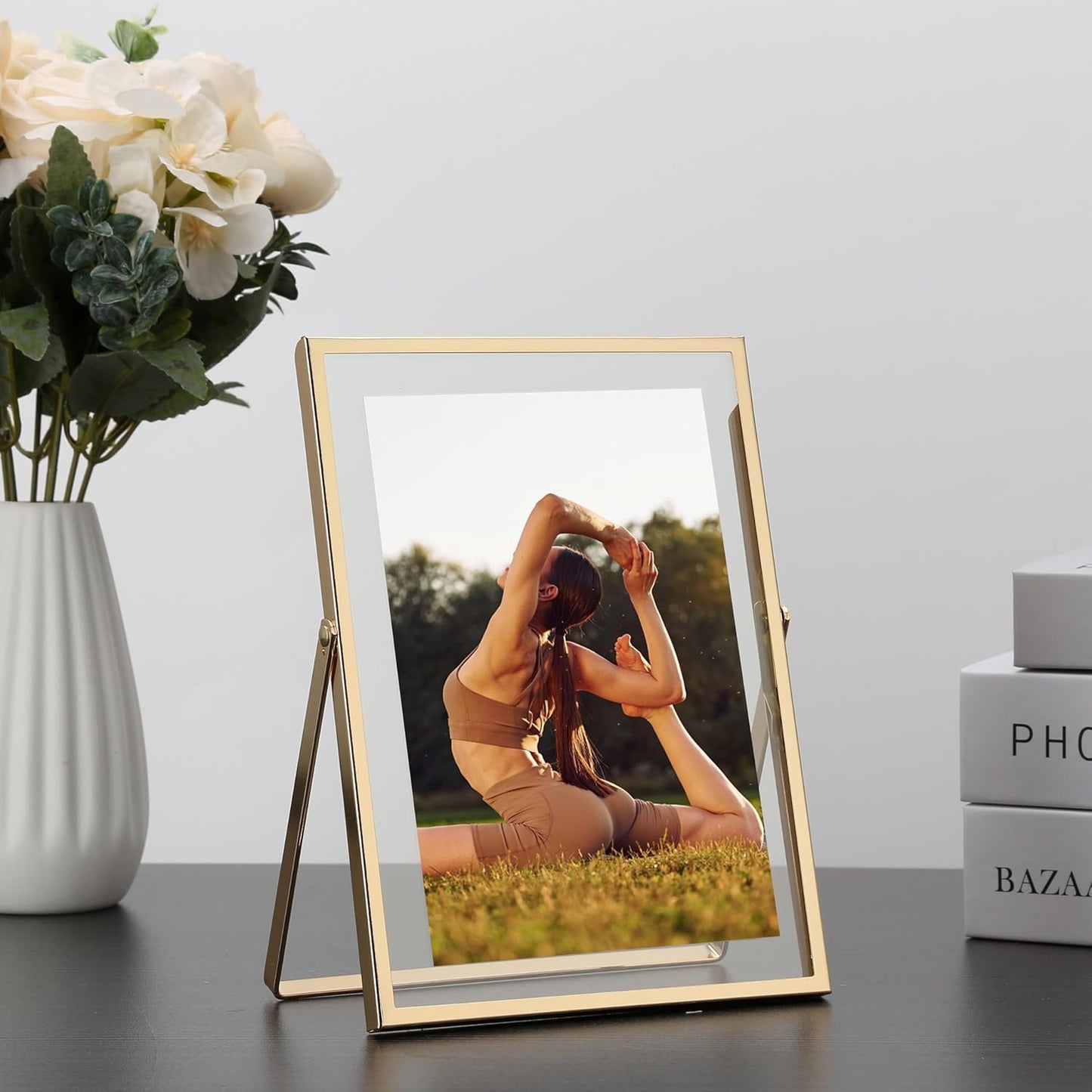 Gold 5x7'' Floating Frame Set of 2, For Photo Sizes 3.5x5'', 4x6'', 5x7'', Luxury Modern Gold Metal Frames for Tabletop/Shelf, Wedding, Birthday, Home or Office Decoration