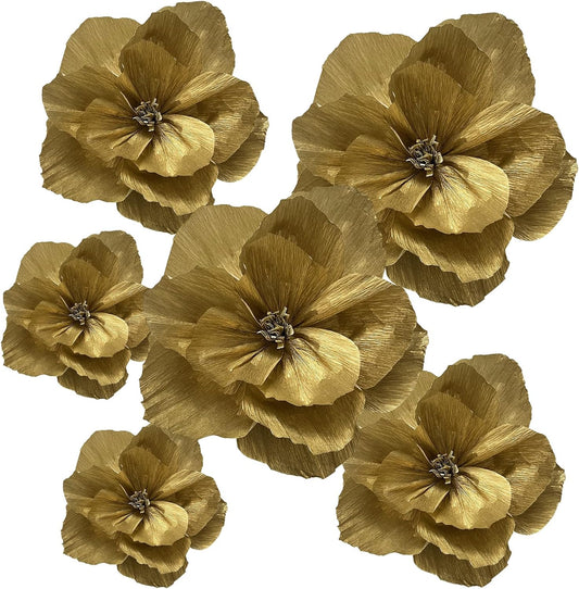 BRT Bearingshui Crepe Paper Flowers Decoration for Wall Total 6 Pcs, Artificial Flowers for Wedding Decor,Flower Backdrop Decor, Baby Bridal Shower Birthday Party, Gold 3D Wall Flowers Decor