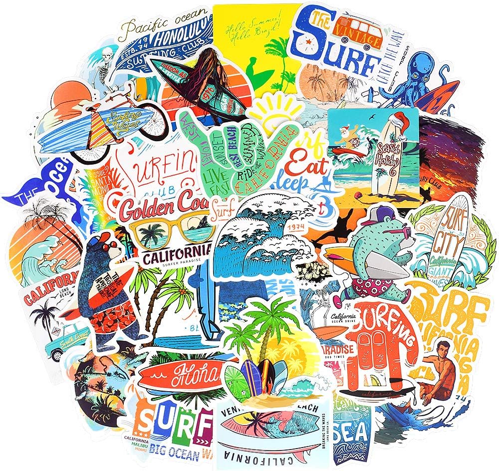Surf Stickers for Teens Girls Boys Surfing Laptop Stickers for Water Bottles Surfboard Waterproof Vinyl Stickers Surfer Stickers Pack 50Pcs''