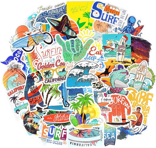 Surf Stickers for Teens Girls Boys Surfing Laptop Stickers for Water Bottles Surfboard Waterproof Vinyl Stickers Surfer Stickers Pack 50Pcs''