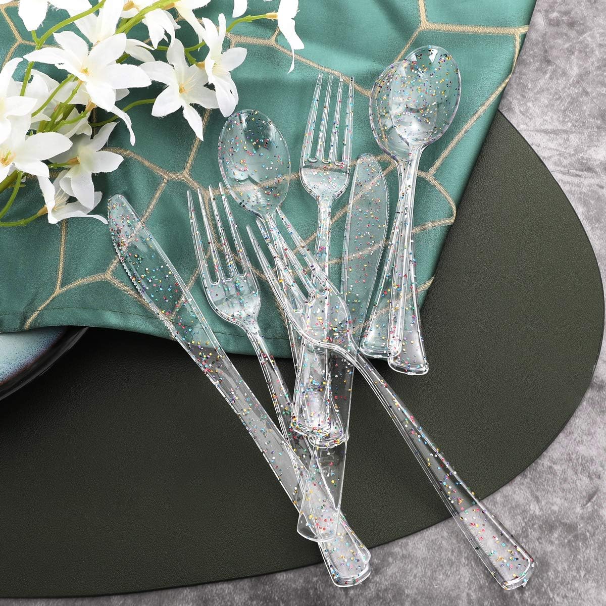 Supernal 360pcs Clear Plastic Silverware, Glitter Disposable Cutlery with Colorful Design,120 Forks,120 Knives,120 Spoons,Perfect for Parties Birthday