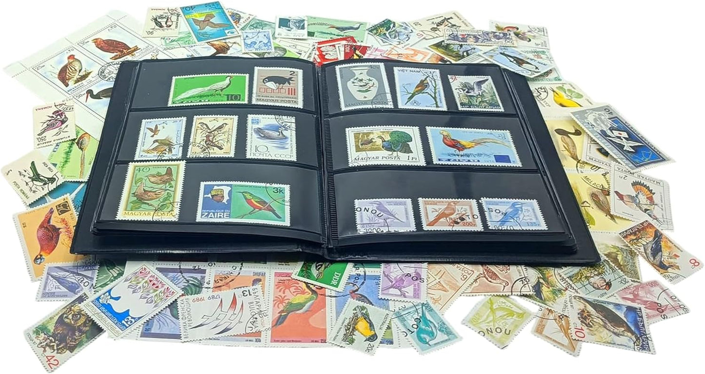 IMPACTO COLECCIONABLES – 100 Bird-Themed Stamps Collection with Included Album (5.5 x 7 x 0.4 in) | Enhance your philatelic collection with authentic postmarked stamps in a compact and elegant album