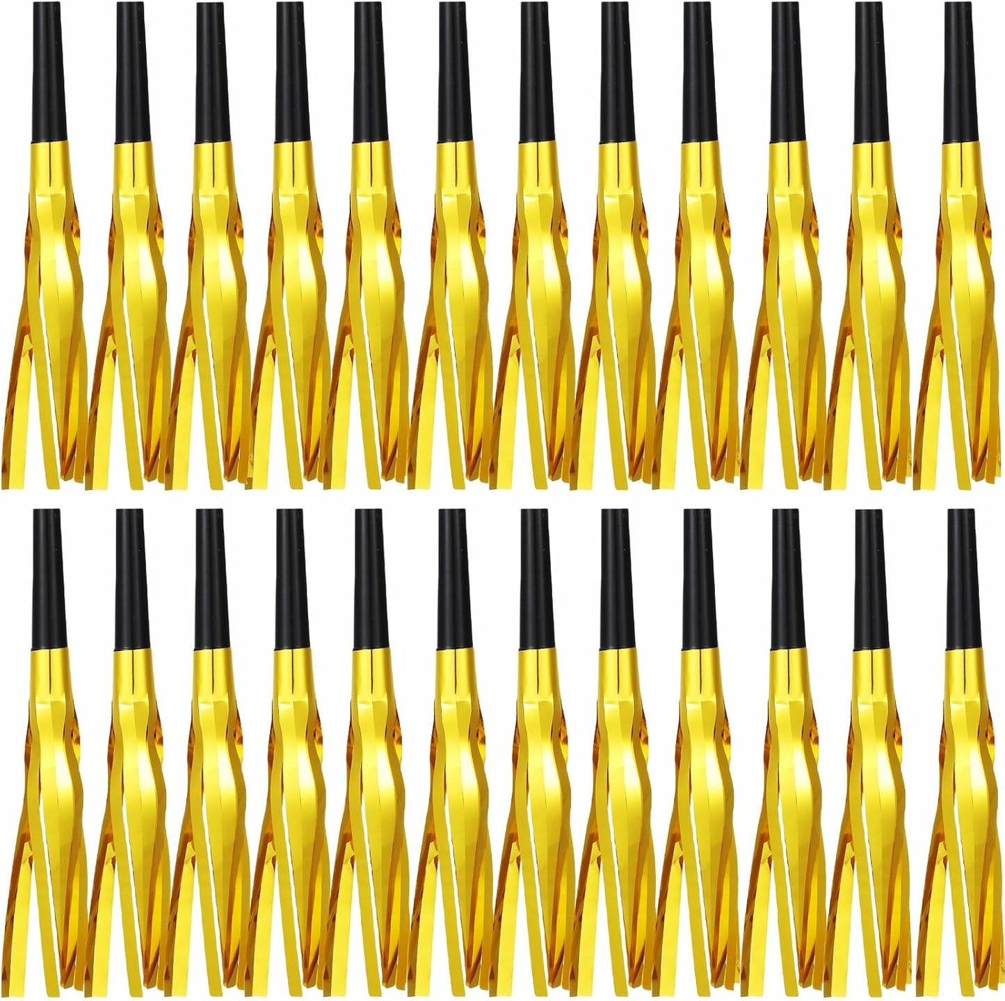 24 Pcs Gold Noise Makers Glitter Metallic Fringed Noise Makers Horns for Baby Shower, Kids Birthday, New Year Party Favor - Gold