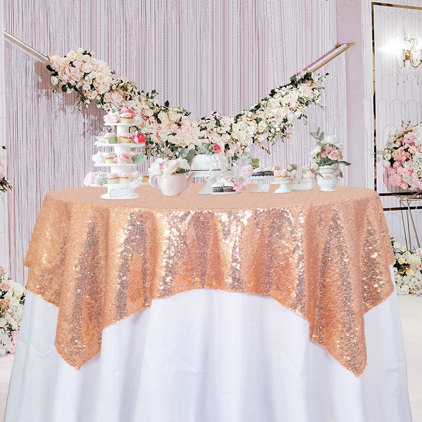 ShinyBeauty Rose Gold Tablecloths 36X36 Inch, 2 Pieces Sequin Table Cloth for Party Sparkle Table Cloth Square Rose Gold Shimmer Table Overlay Small Tablecloth Linen for Wedding, Birthday Tables