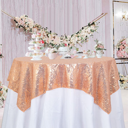 ShinyBeauty Rose Gold Tablecloths 36X36 Inch, 2 Pieces Sequin Table Cloth for Party Sparkle Table Cloth Square Rose Gold Shimmer Table Overlay Small Tablecloth Linen for Wedding, Birthday Tables