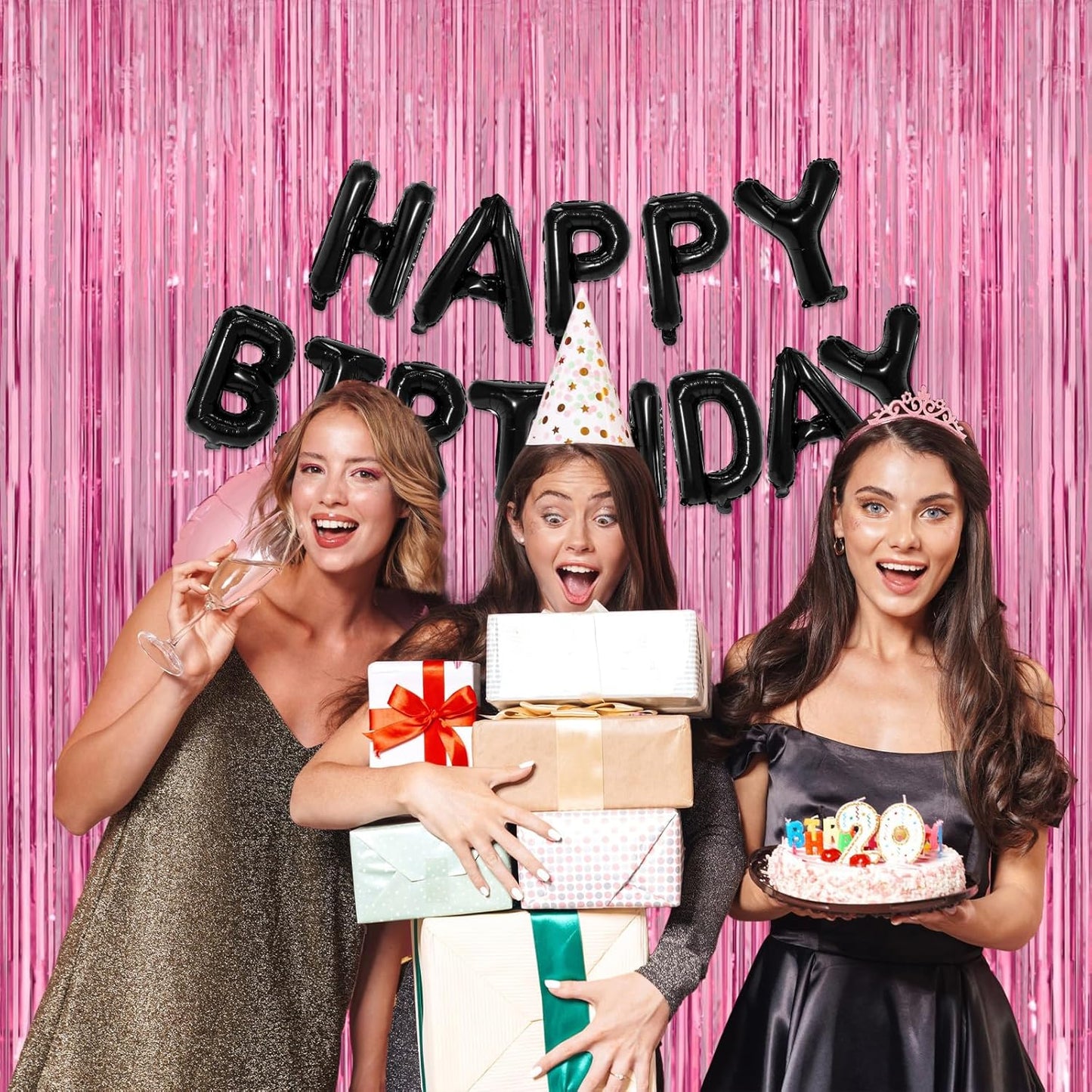 Pink Streamers - Thicken 4 Pack 3.2 x 8.2 FT - Pink Tinsel Foil Fringe Curtains, Photo Booth Props Backdrops for Birthday, Bachelorette, Graduation, Baby Shower Party Decorations