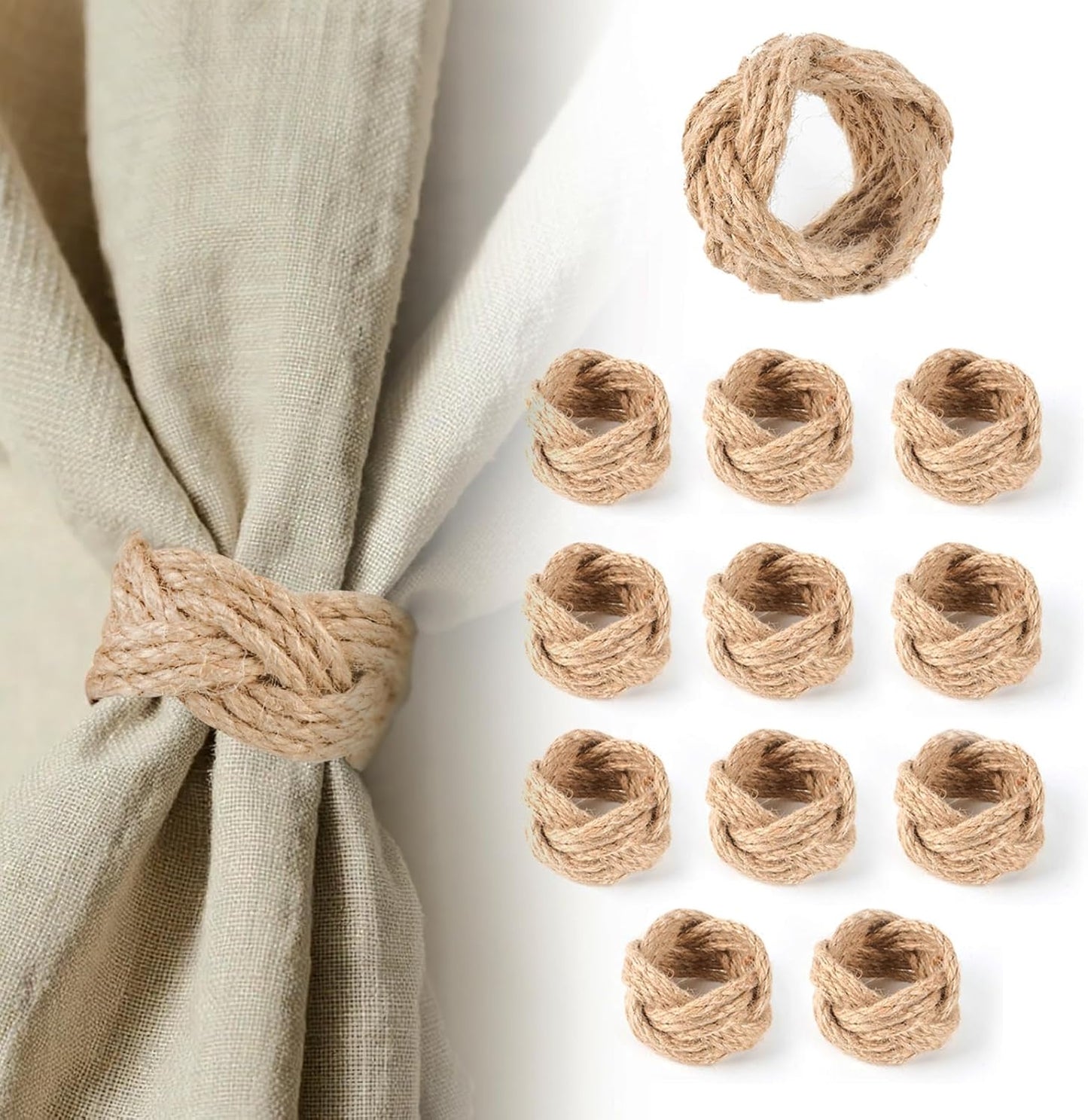 Woven Napkin Rings Set of 48, Mgrlfbl Farmhouse Burlap Napkin Ring for Holiday Dinner Birthday Wedding Thanksgiving Christmas Banquet Party of Table Setting Decorations(Yute 48)