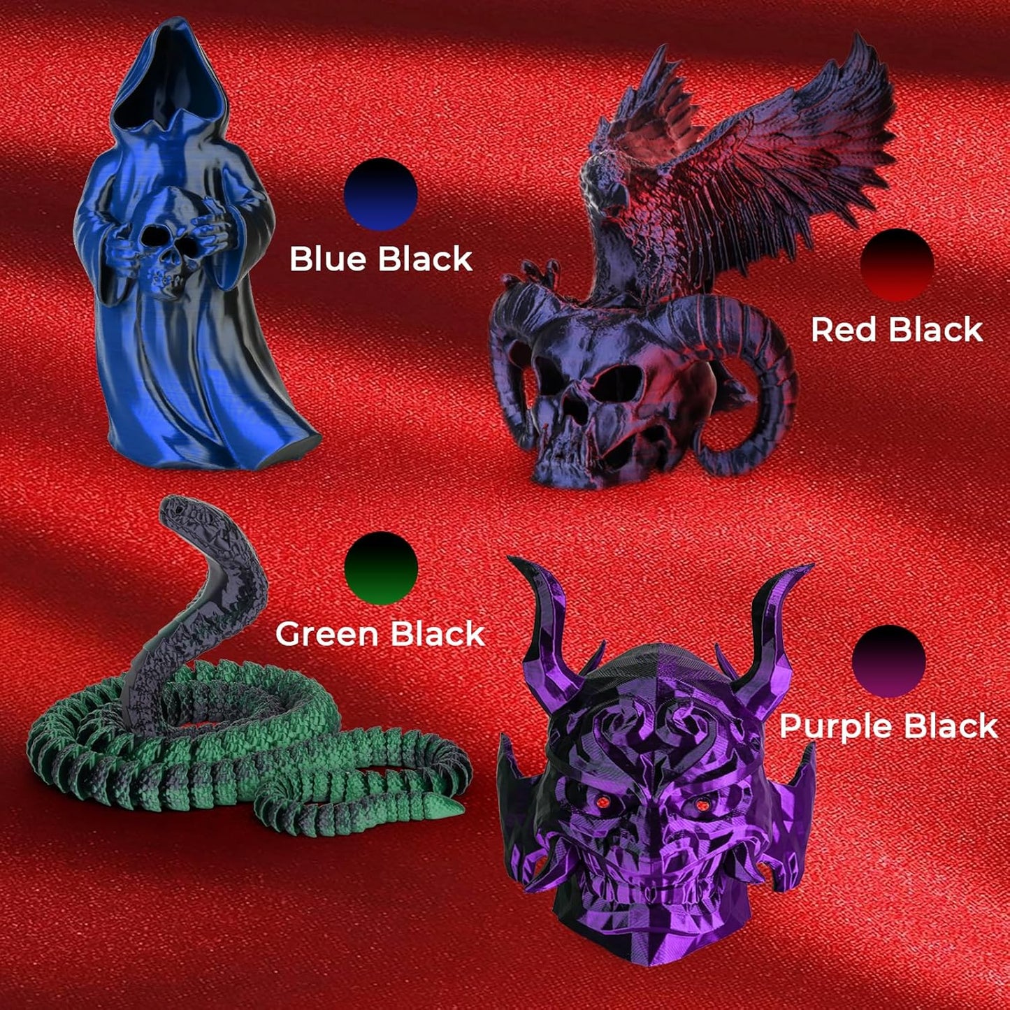 AMOLEN Silk PLA 3D Printer Filament 4KG Bundle, Shiny Dual Color PLA Filament 1.75mm Pack, Multicolor Change PLA 3D Printing Filament for Most FDM 3D Printer, Black Series