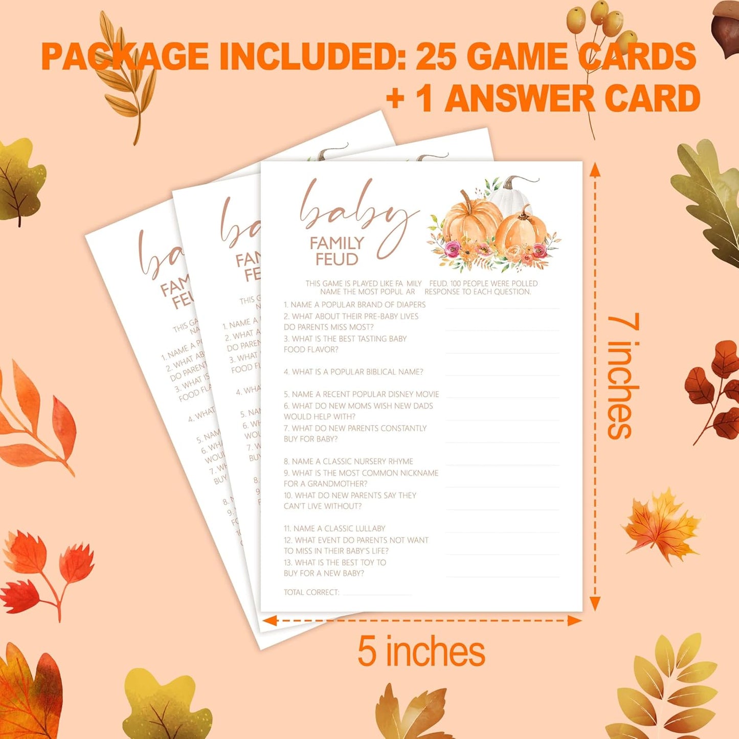 Baby Shower Games, Thanksgiving Baby Family Feud Game Cards + 1 Answer Card, 25 Sets Baby Gender Reveal Party Decorations Supplies - E06