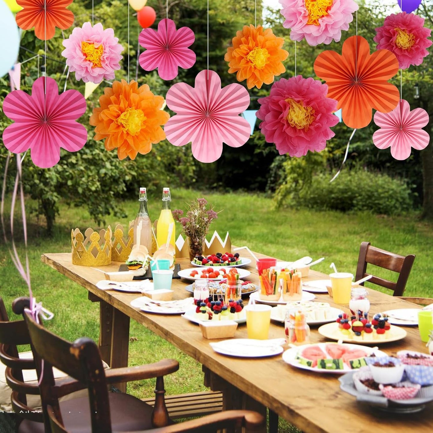 12PCS Paper Flowers Fans Orange and Hot Pink Party Decorations Tissue Paper Flowers Decorations for Girl Groovy Birthday Baby Shower Wedding Bachelorette Room Wall Hanging Décor