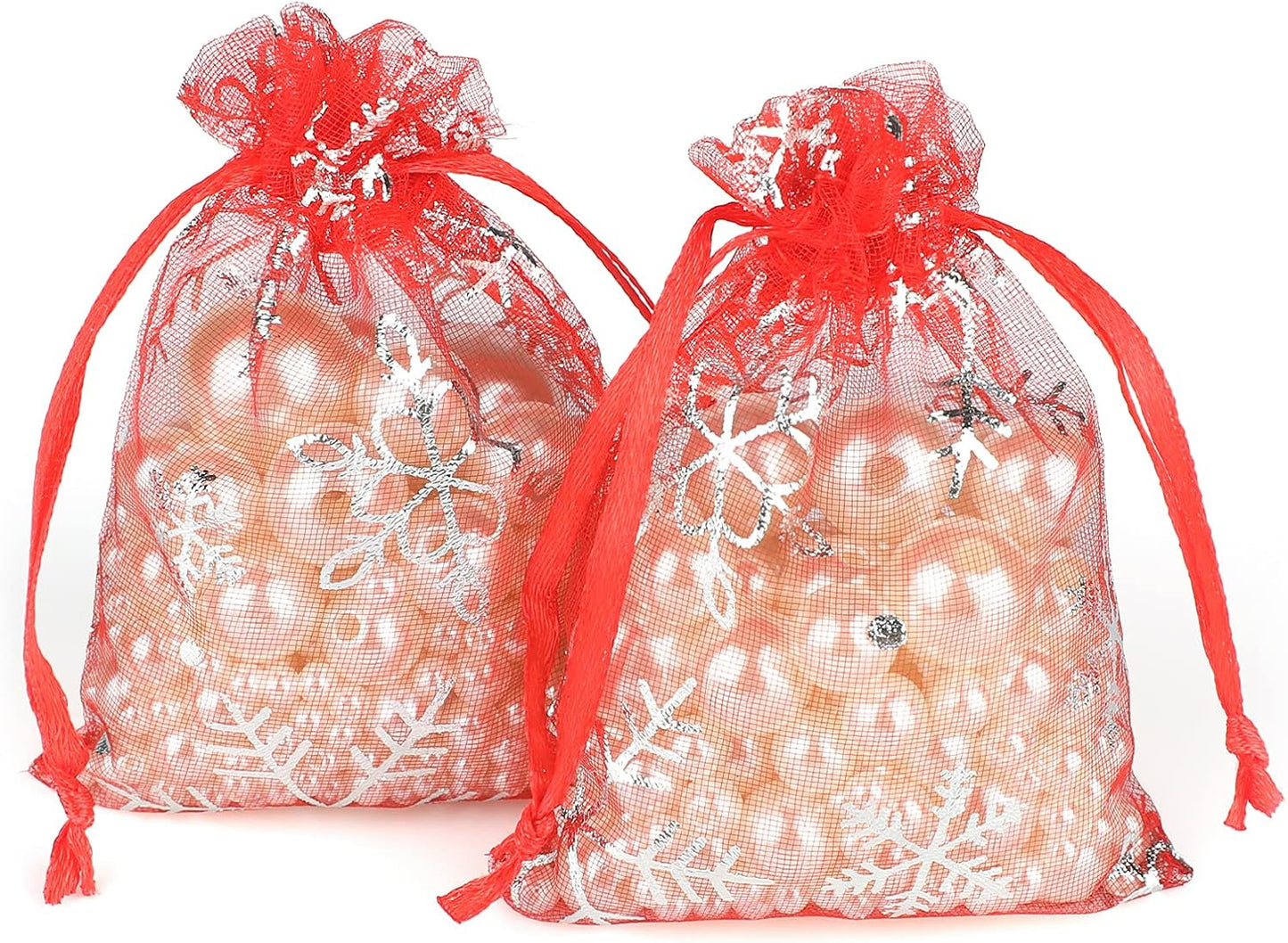 jijAcraft 3x4 Inch Christmas Organza Bags - 50Pcs Red Snowflake Gift Bags with Drawstring, Xmas Party Favor Sheer Mesh Pouches for Winter Gift, Candy, Jewelry Bag