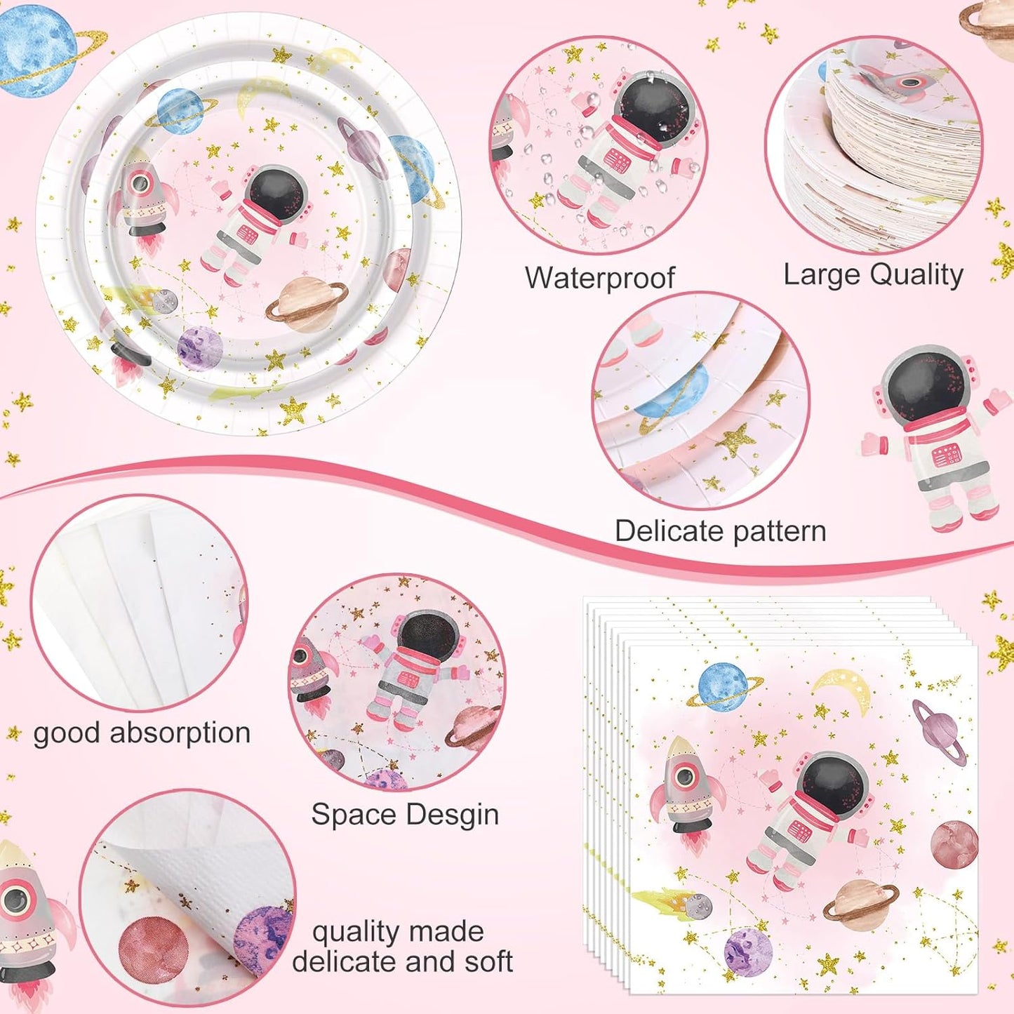 452 Pcs Pink Space Birthday Decorations for 50, Star Astronaut Paper Plates Napkins Cups Moon Tablecloth Cutlery Straws for Solar System Planets Baby Shower Party Supplies Decorations